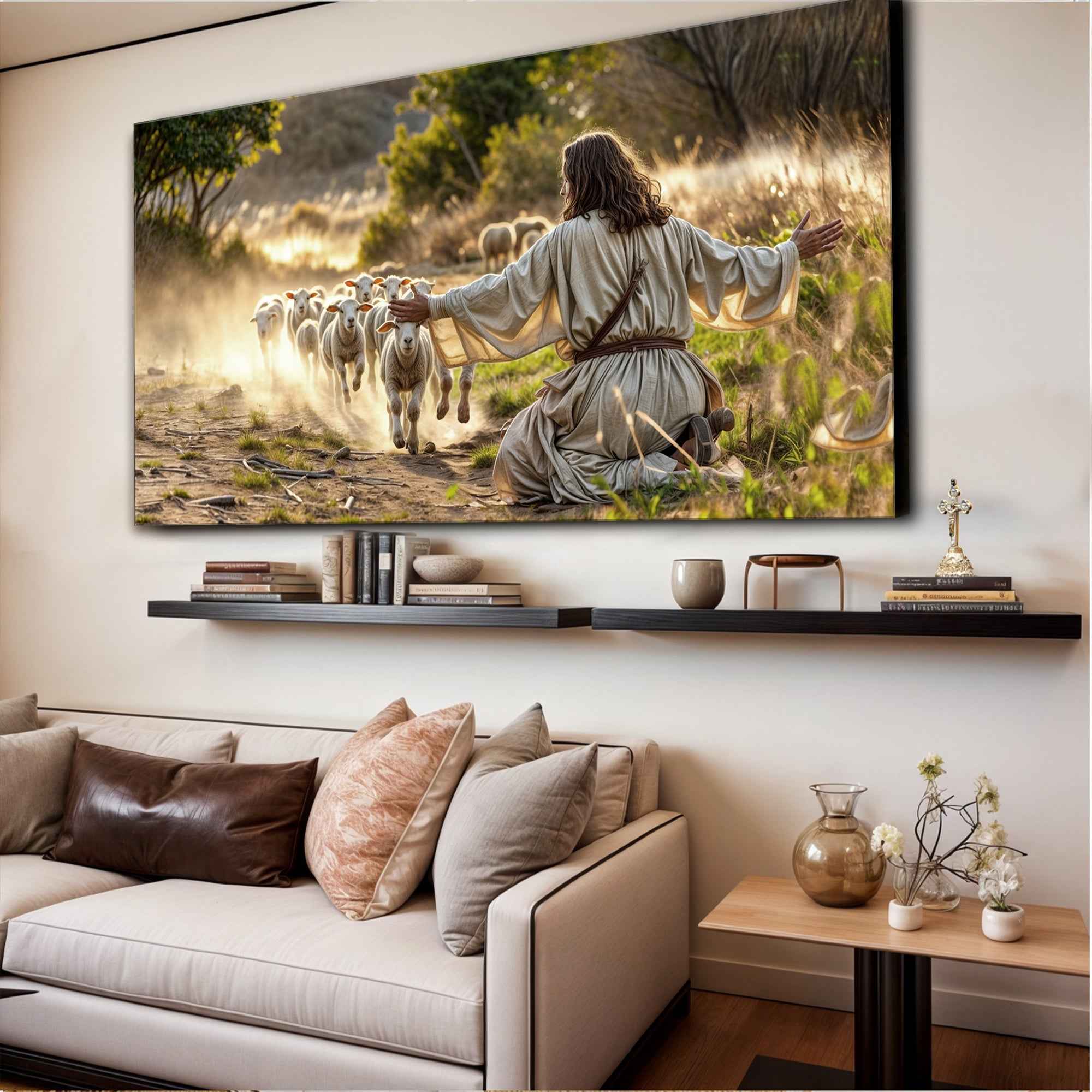 Jesus Protects The Lamb From Wolves Faith Wall Art VIII
