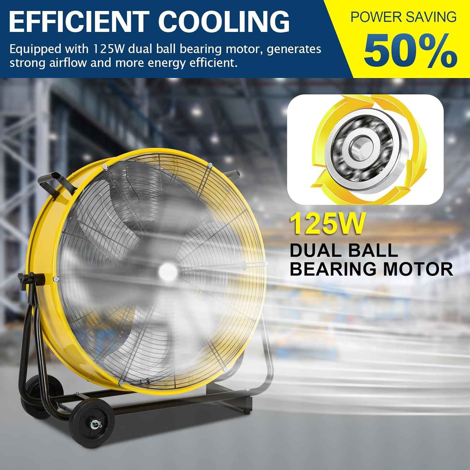 BILT HARD 24" 8100 CFM Ultra-Quiet Drum Fan:  High Velocity, 3-Speed Heavy Duty Metal Shop Fan, UL Listed