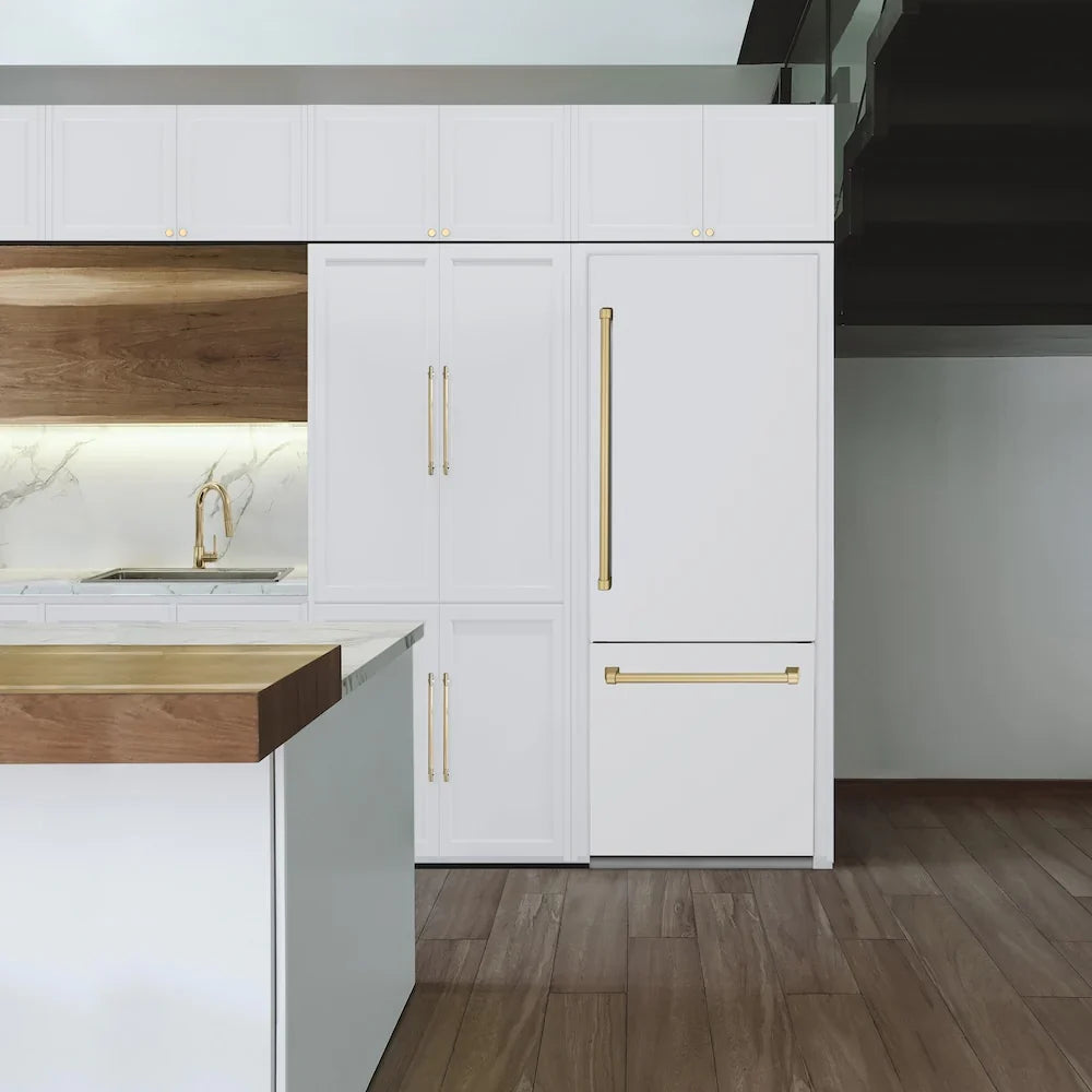 ZLINE Autograph Edition French Door Refrigerator, Internal Water, Ice Dispenser, White Matte, Champagne Bronze Accents RBIVZ-WM