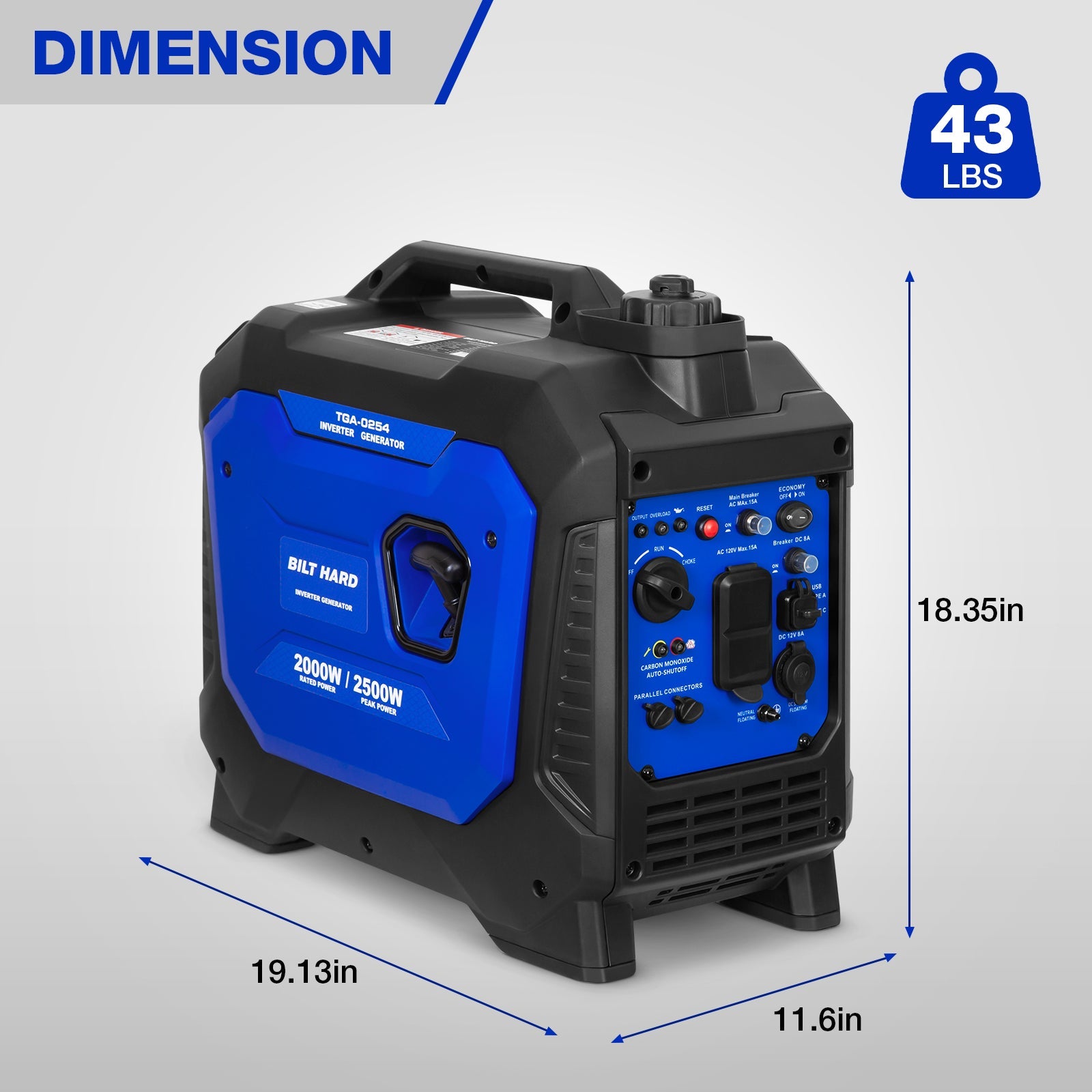 BILT HARD 2500W Portable Inverter Generator – Quiet 80cc 4-Stroke Ducar® Engine, CO Sensor, 120V AC & 12V DC, Compact Backup Power for Camping, RV, Home