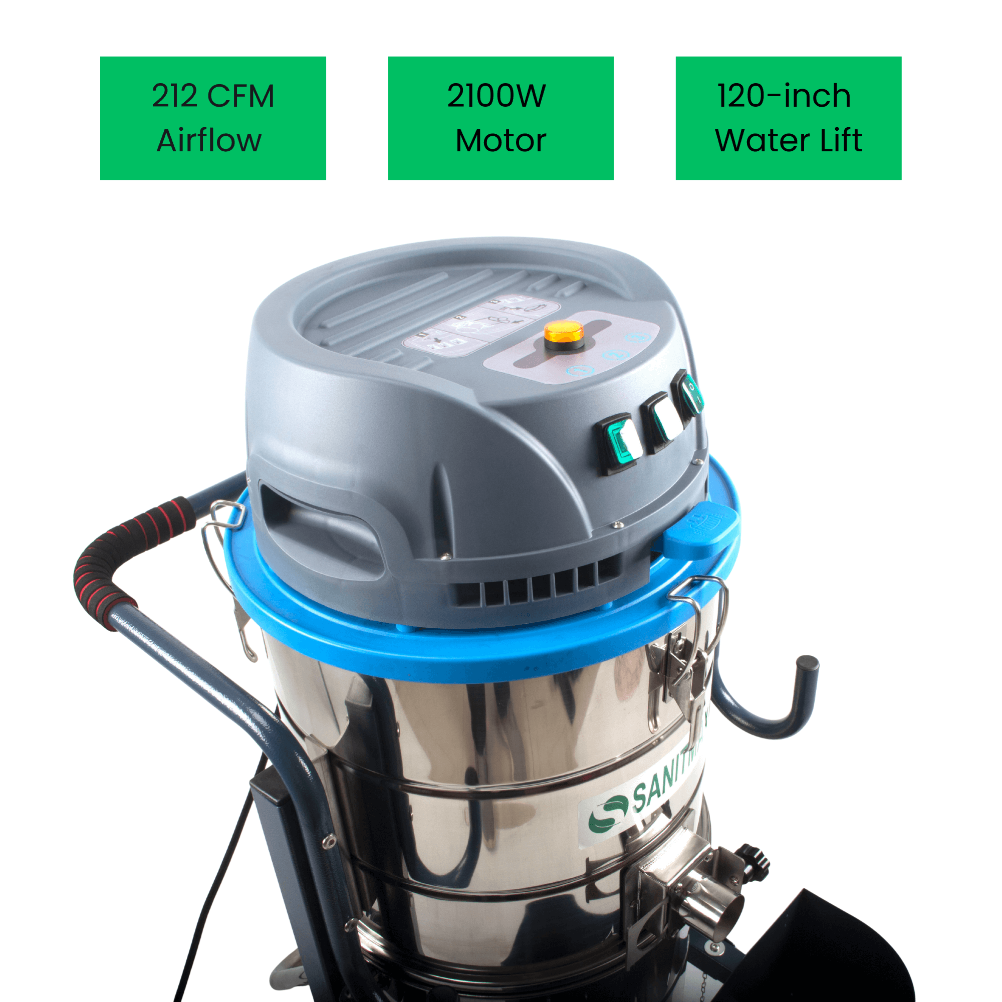 SM100 Industrial Vacuum Cleaner with Jet Reverse-Pulse Filter Cleaning Function, 26.4 Gal Tank, 2.8 HP Motor, 212 CFM, HEPA Filtration