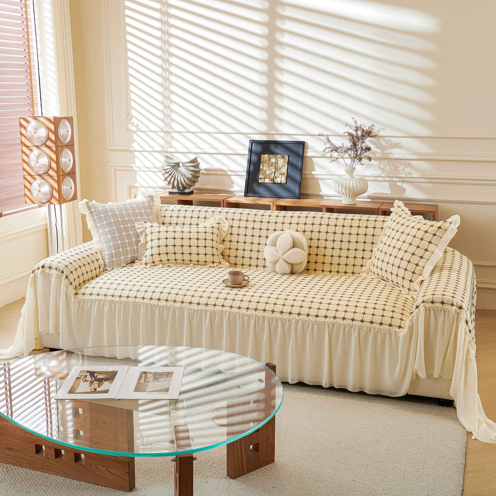 Grid Textured Sofa Cover with Sheer Ruffle Skirt, Pet-Friendly Sofa Throw Slipcover