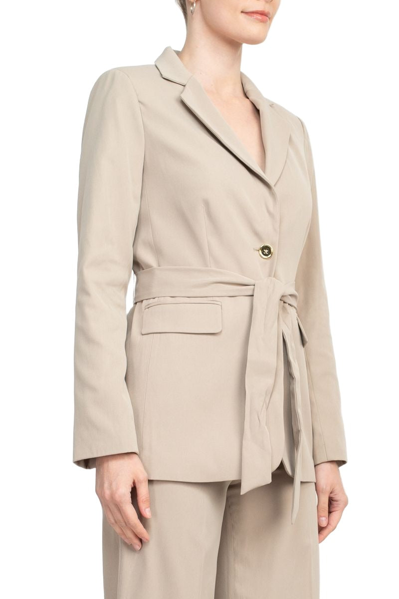 Tahari ASL Shawl Collar Long Sleeves 2 Button Self Waist Tie Jacket With Matching Crepe Pants