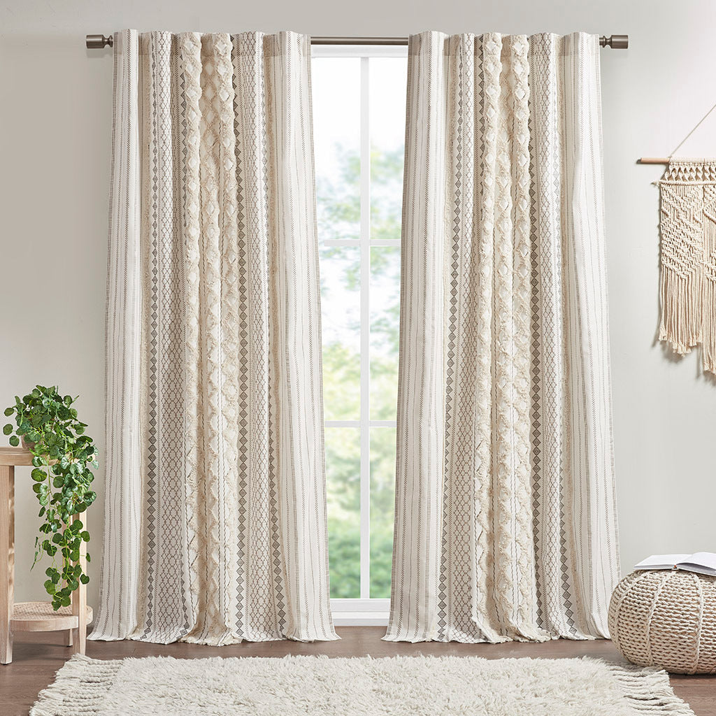Cotton Printed Curtain Panel with Chenille Stripe and Lining Ivory 50x84