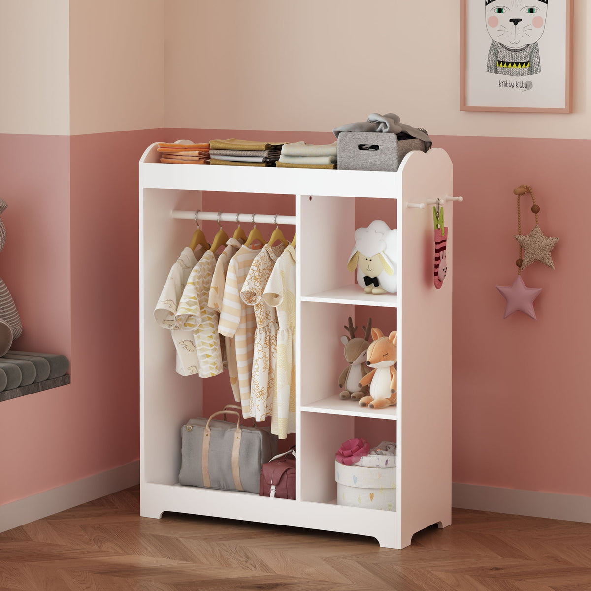 Dress Up Storage With Mirror And Hooks, Clothes Rack With Hanging Rod, 3 Side Hooks, Open Shelves, Top Shelf Organizer - White