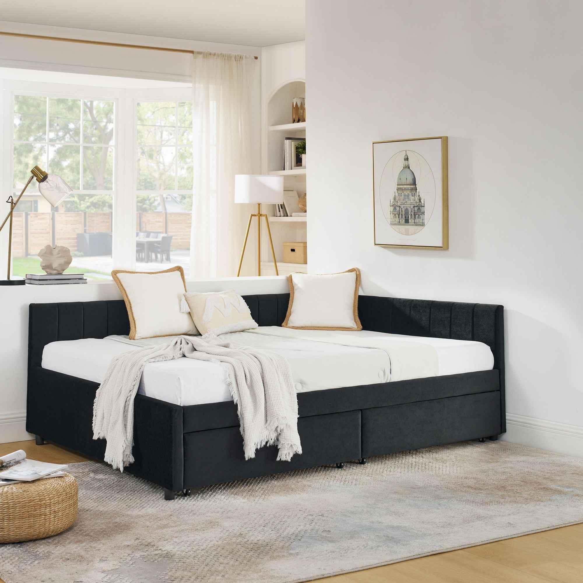 Upholstered Tufted Daybed Frame With Storage Drawers