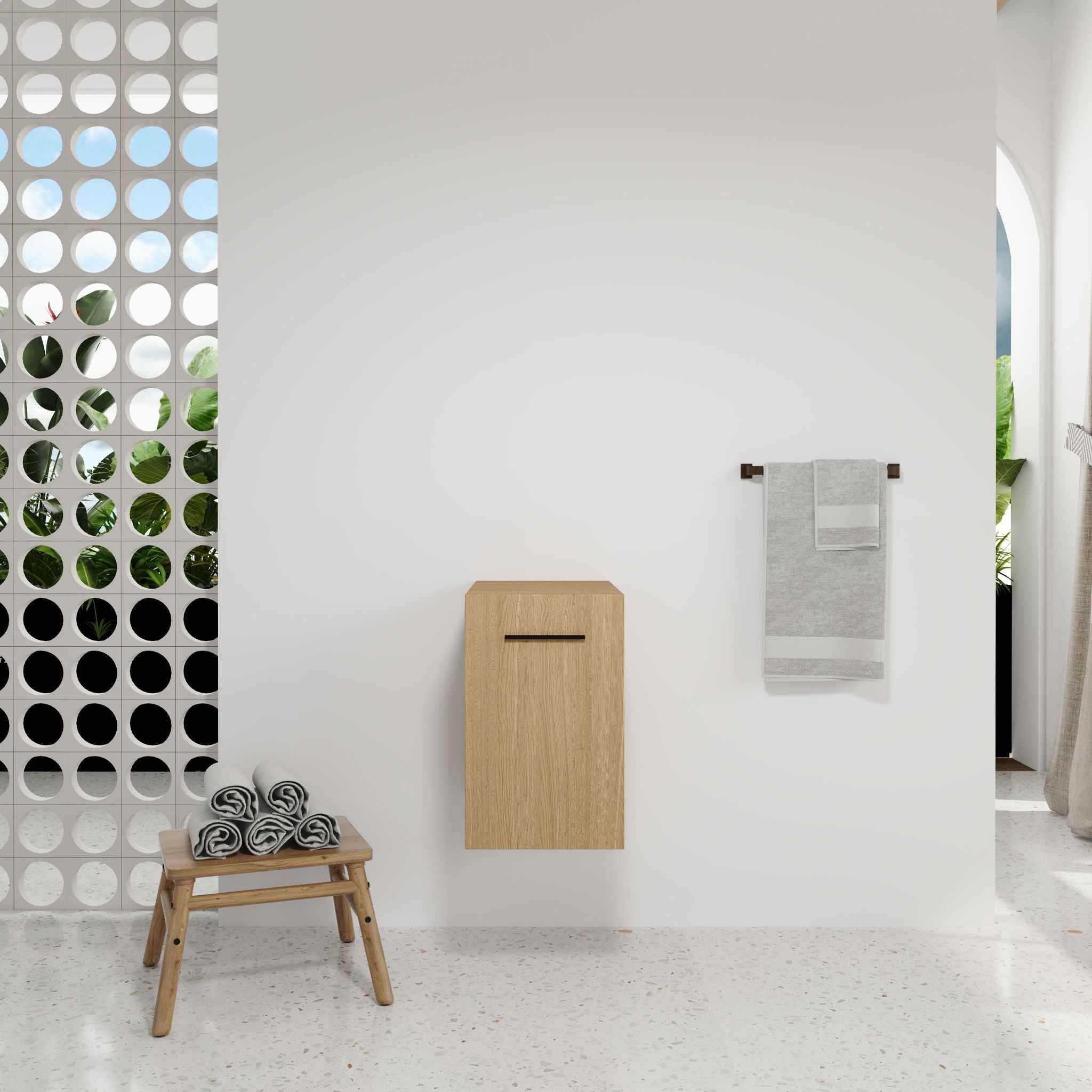 Floating Bathroom Vanity Single Door Base Cabinet, Wall Mounted Storage - Light Oak