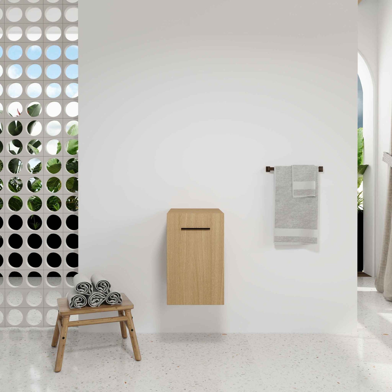 Floating Bathroom Vanity Single Door Base Cabinet, Wall Mounted Storage - Light Oak
