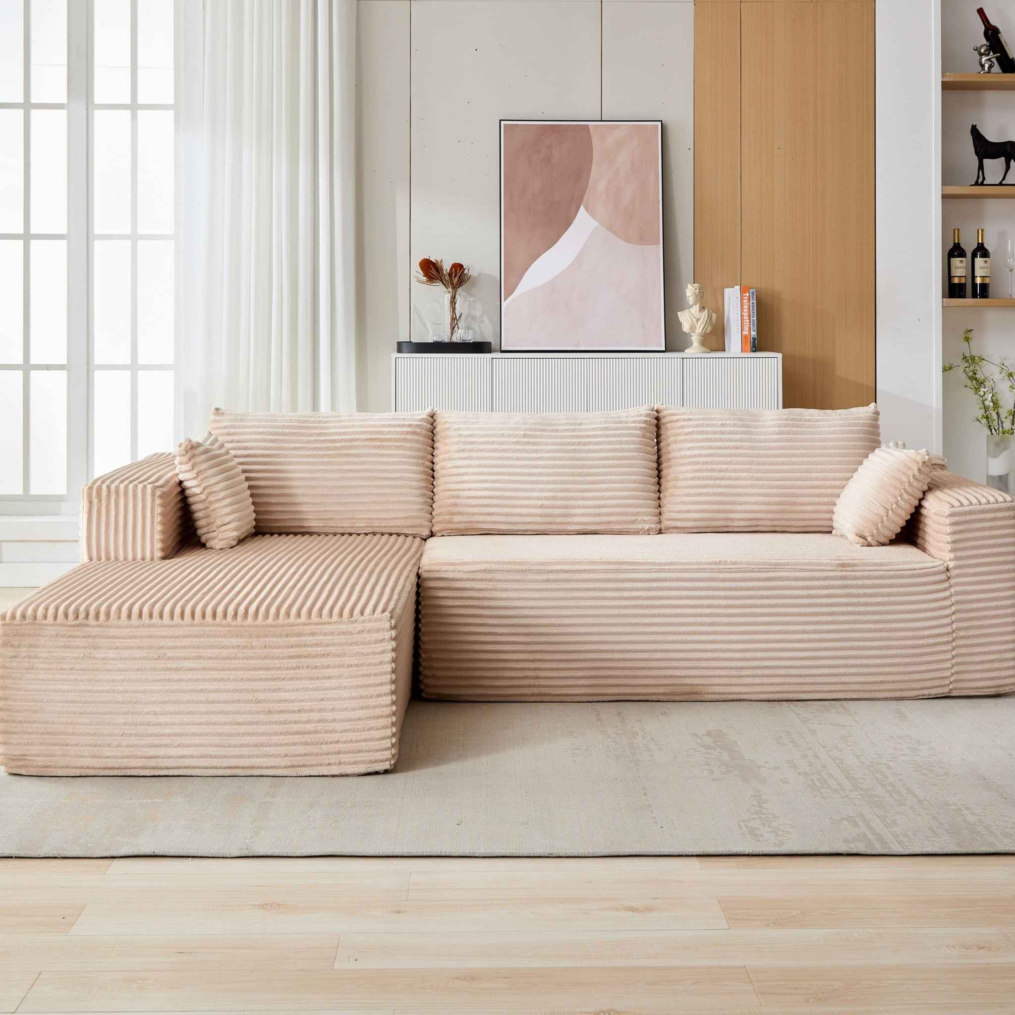 Compression Sectional Couch With Comfy Chaise, Boneless L Shape Sofa With Deep Seat