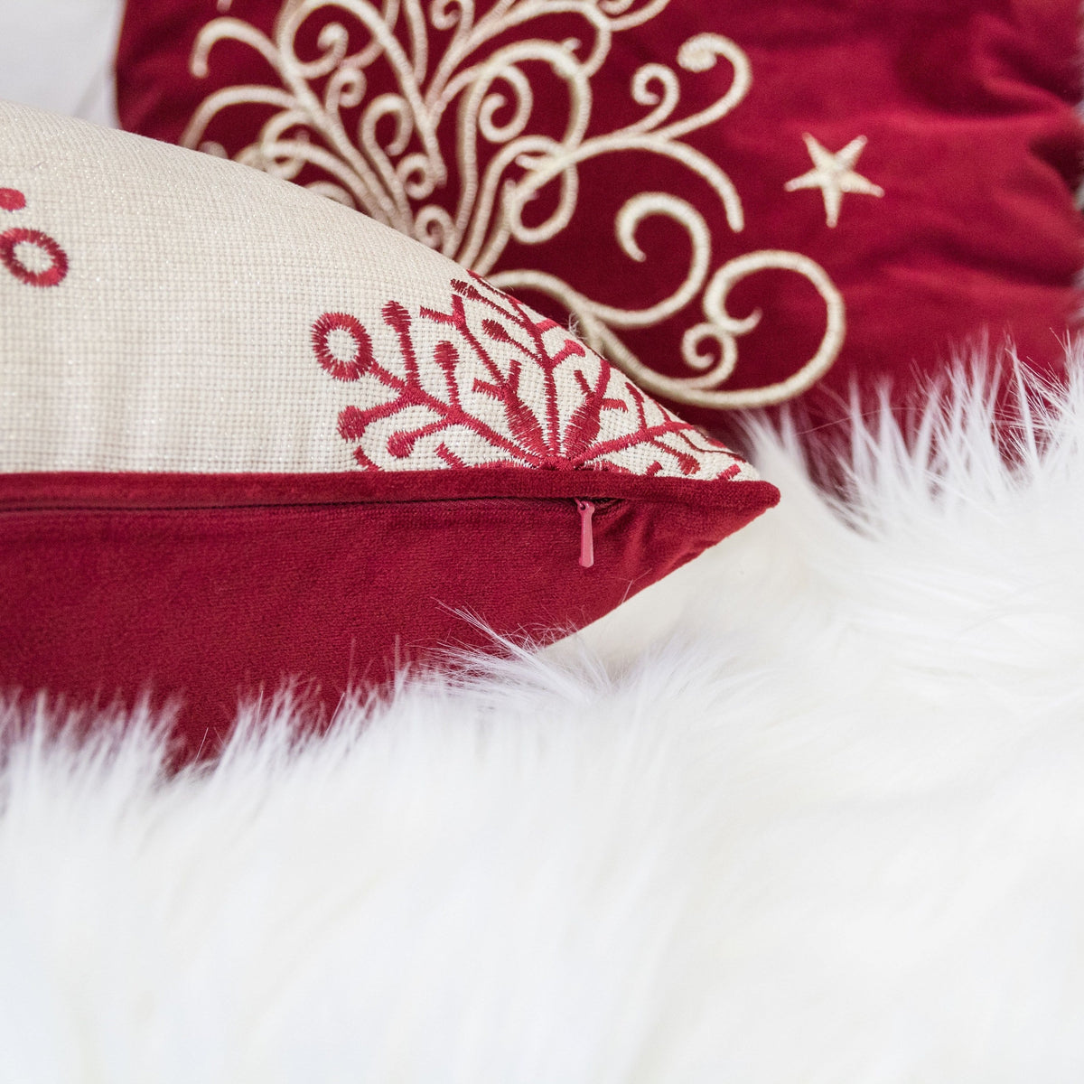Merry Christmas Embroidered Poly Linen Throw Pillow with Festive Motifs - Red and Silver