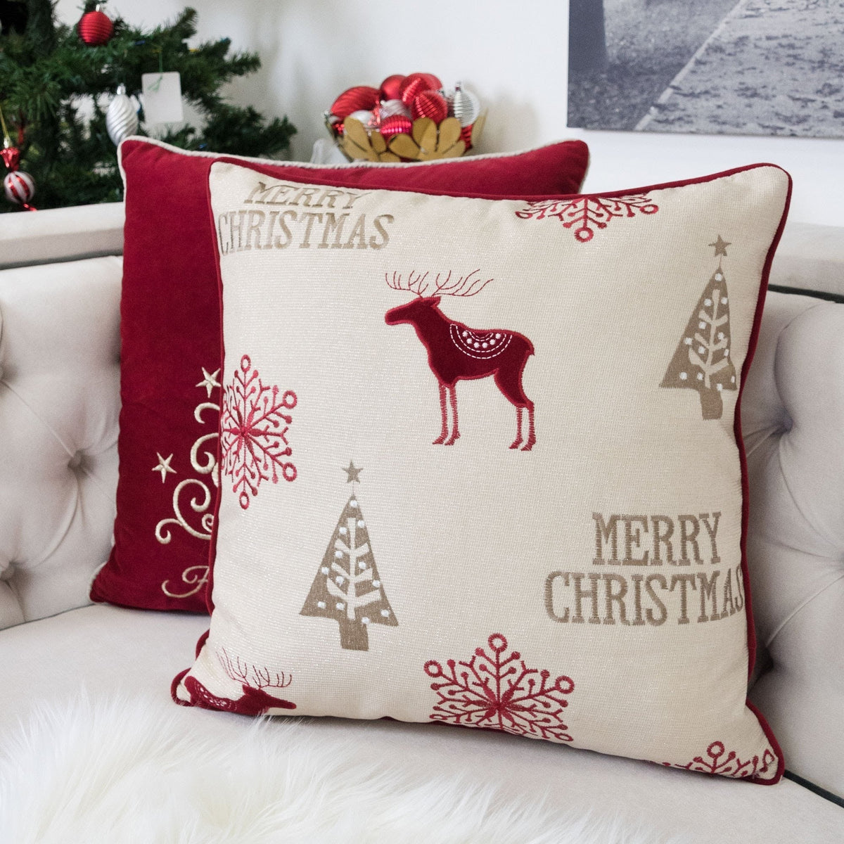 Merry Christmas Embroidered Poly Linen Throw Pillow with Festive Motifs - Red and Silver