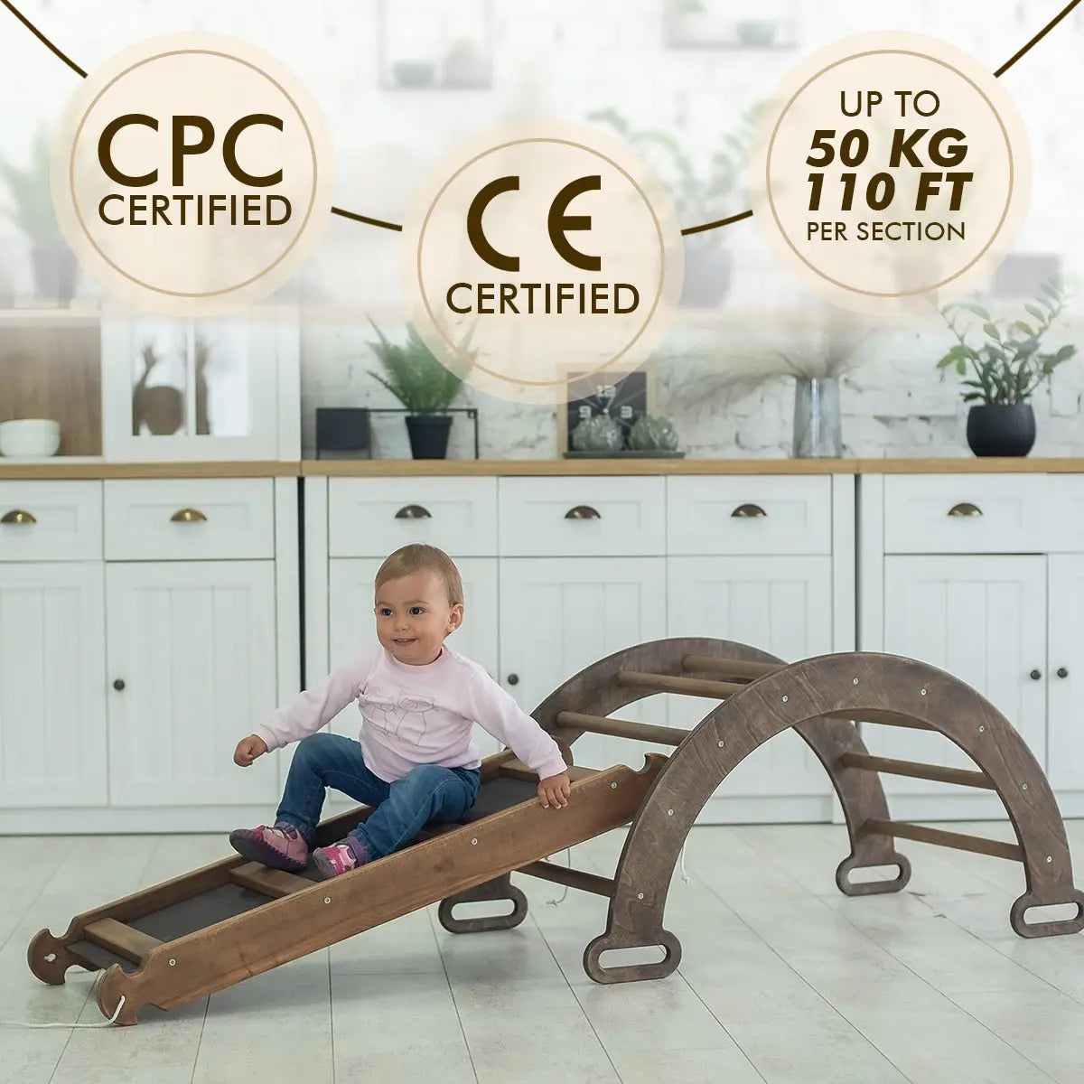 3 in 1 Montessori Climbing Set: Climbing Arch + Slide Board + Cushion – Chocolate