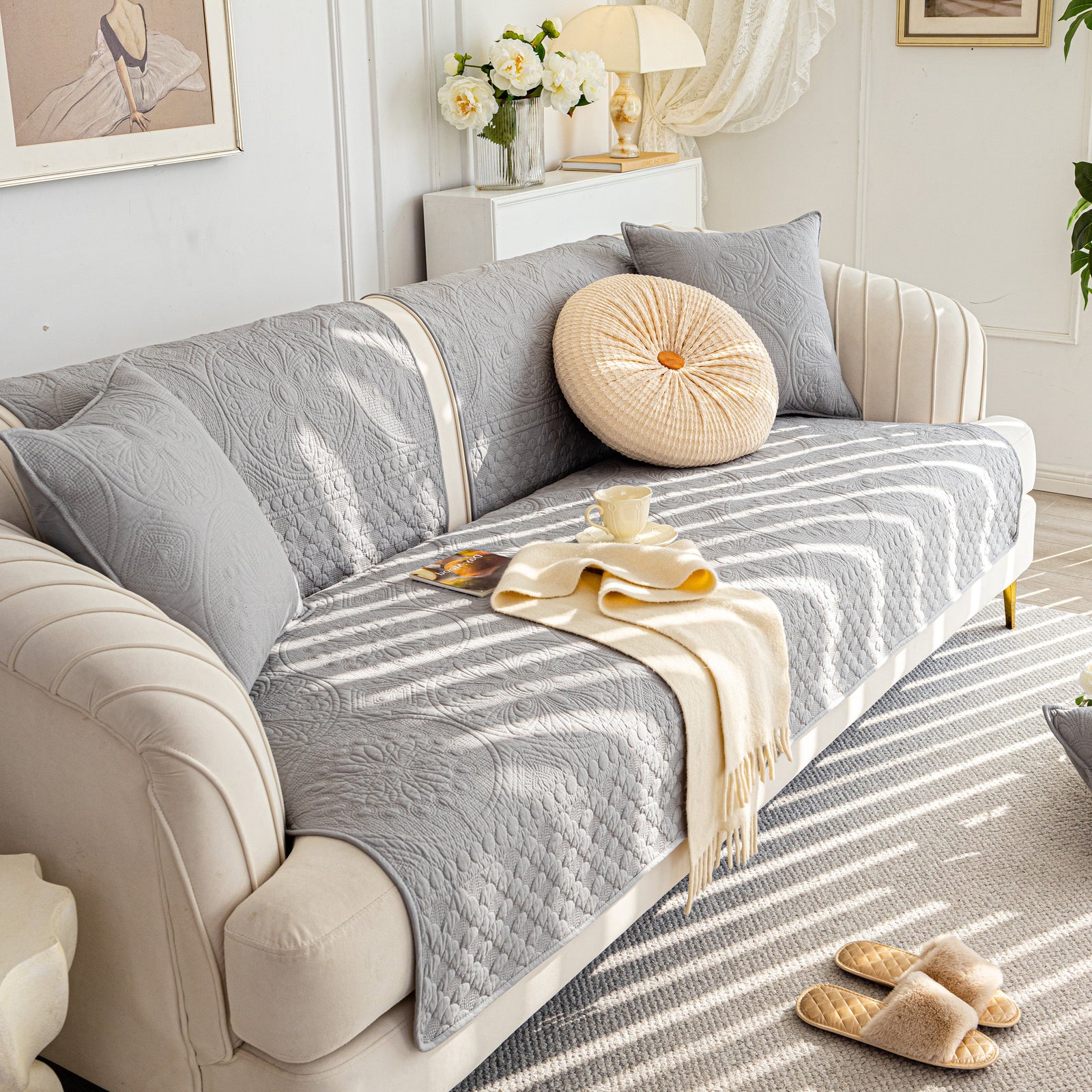 Cotton Quilted Sofa Cover, Non-Slip Couch Protector Fits Backrest, Seat & Armrest
