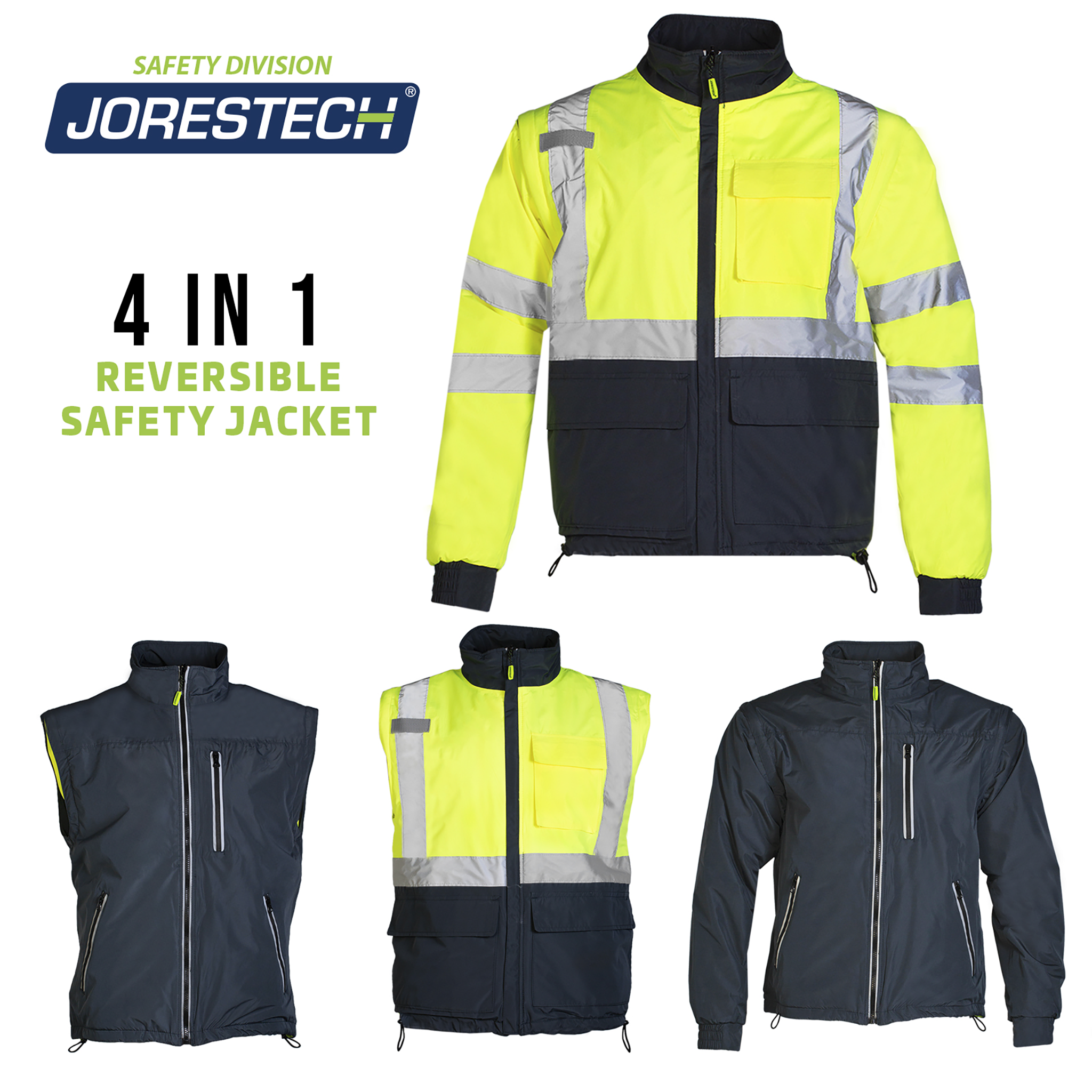 4 in 1 Hi-Vis Reversible Safety Jacket with Removable Sleeves