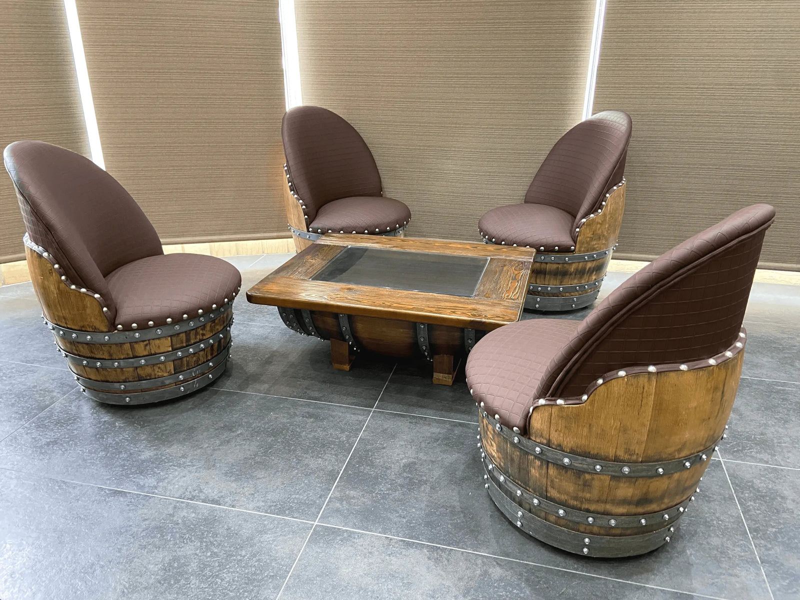 Wine Barrel Coffee Table Set with 4 Chairs - Rustic Whiskey Barrel Furniture Set - Handmade Solid Oak