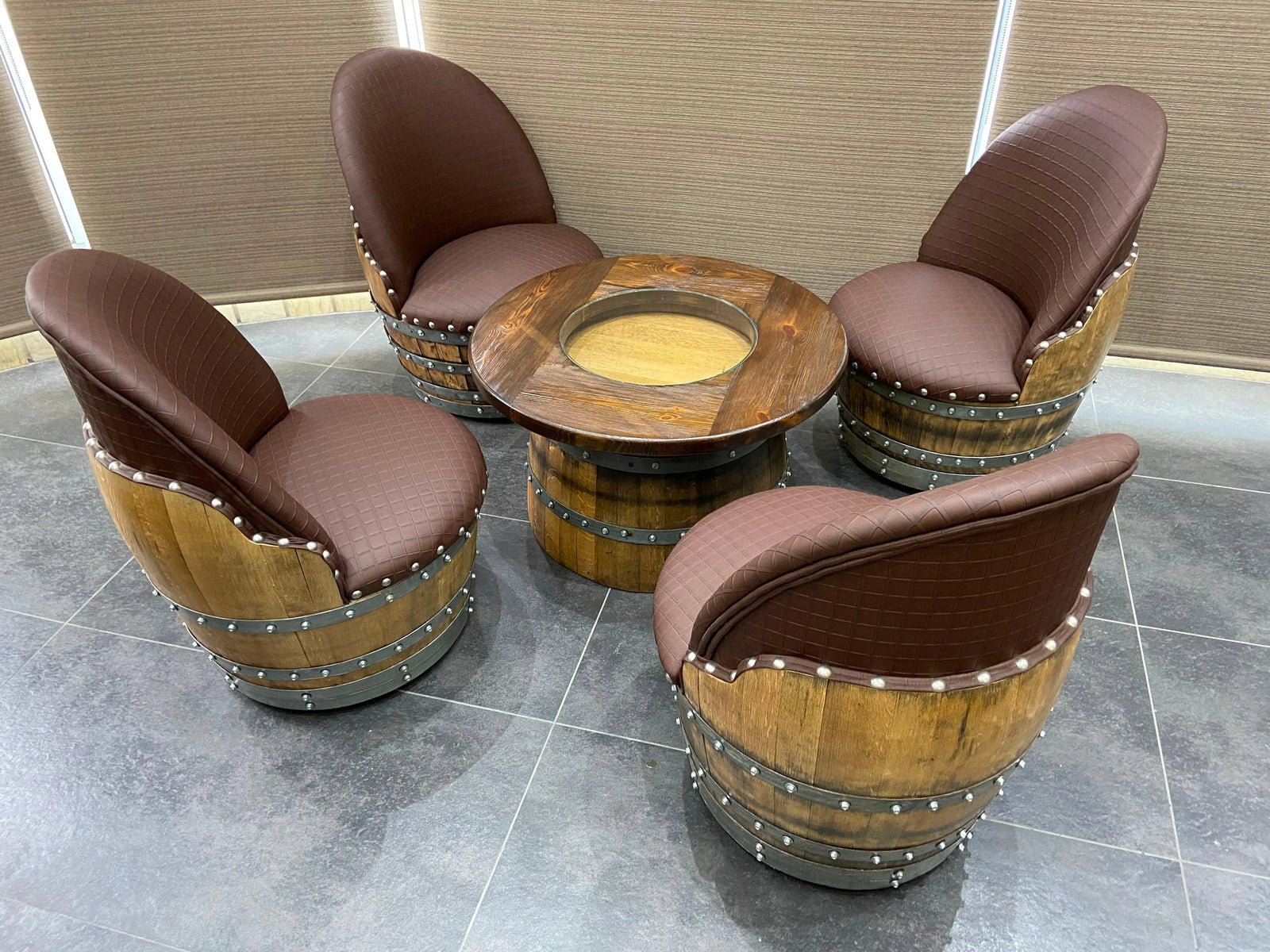 Wine Barrel Full Round Coffee Table Set with 4 Chairs - Rustic Whiskey Barrel Furniture Set - Handmade Solid Oak