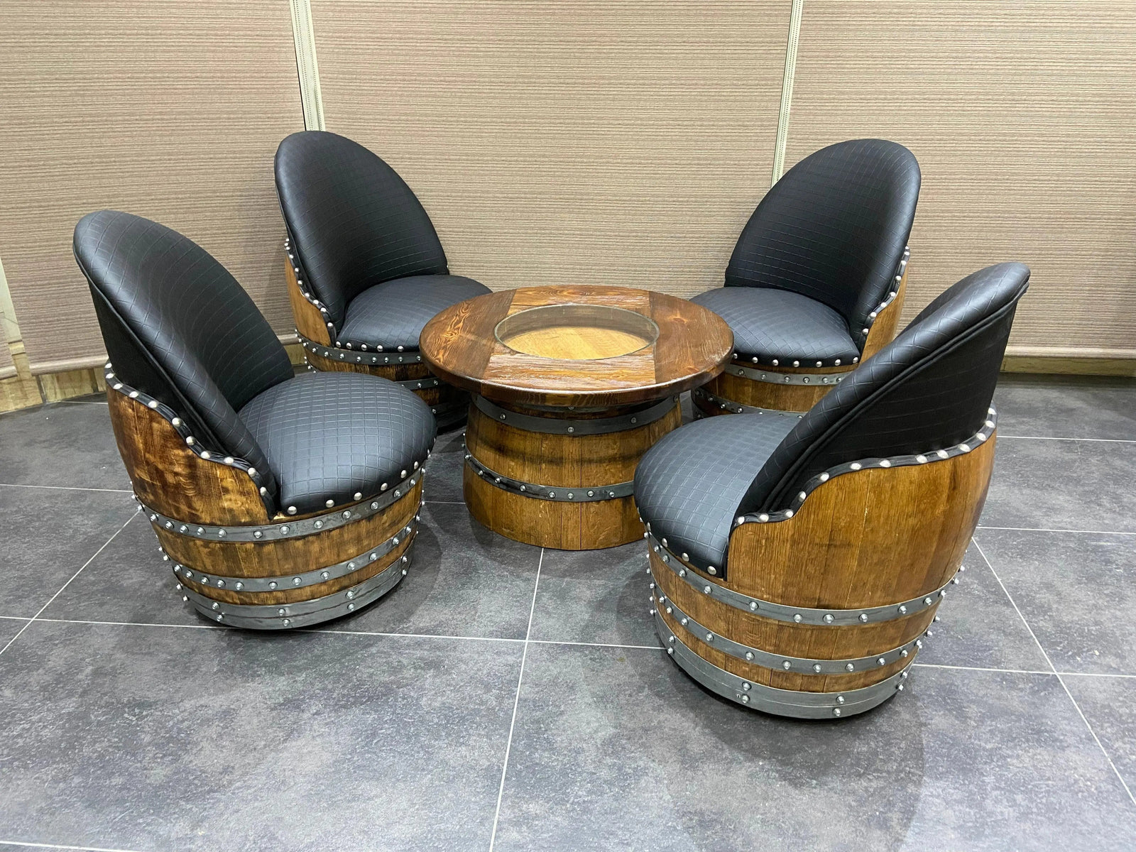 Wine Barrel Full Round Coffee Table Set with 4 Chairs - Rustic Whiskey Barrel Furniture Set - Handmade Solid Oak