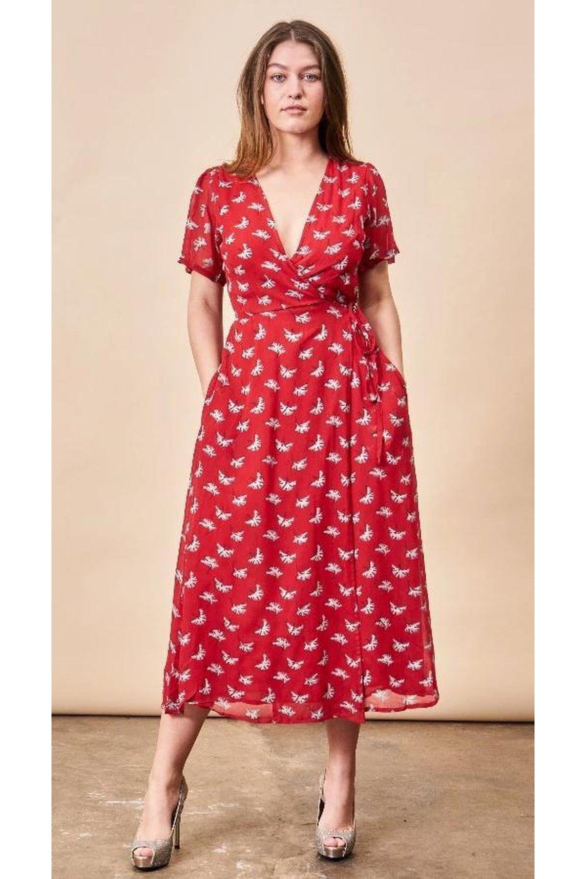 Ginkgo Leaf Midi Wrap Dress Lipstick Red + Silver