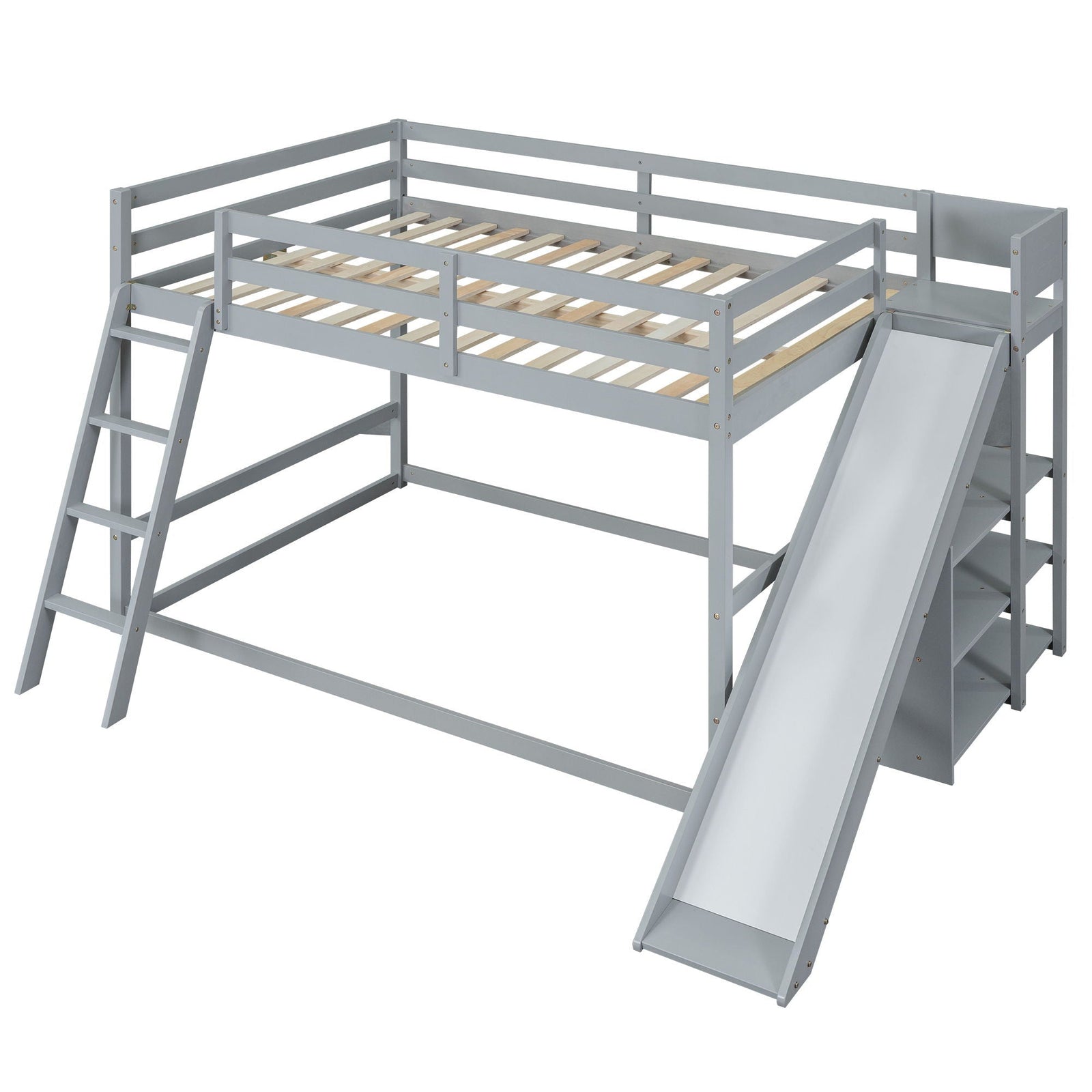 Bunk Bed With Ladder, Slide, And Shelves Pine Wood