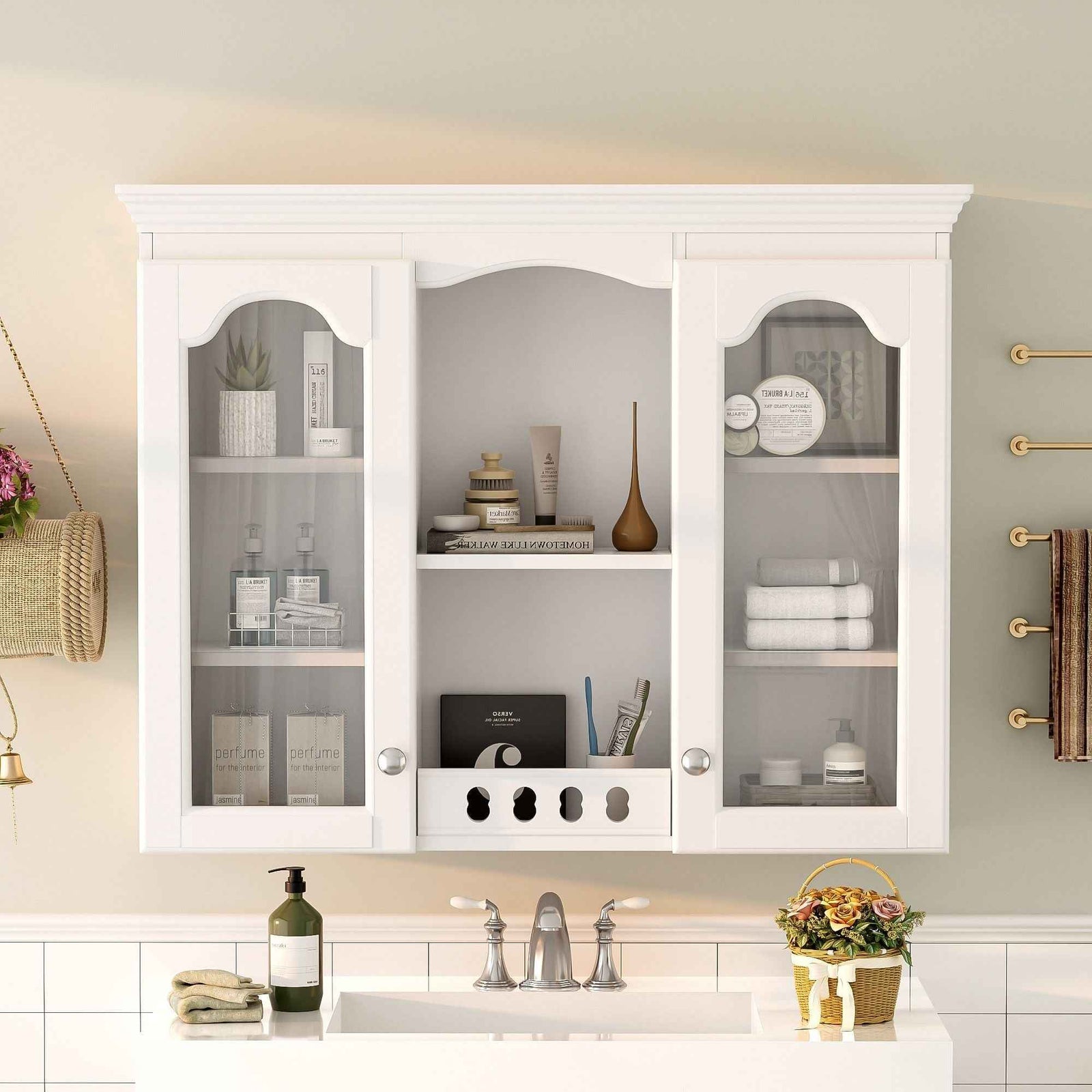 Wall-Mounted Medicine Cabinet With 2 Glass Doors, Adjustable Shelves - White