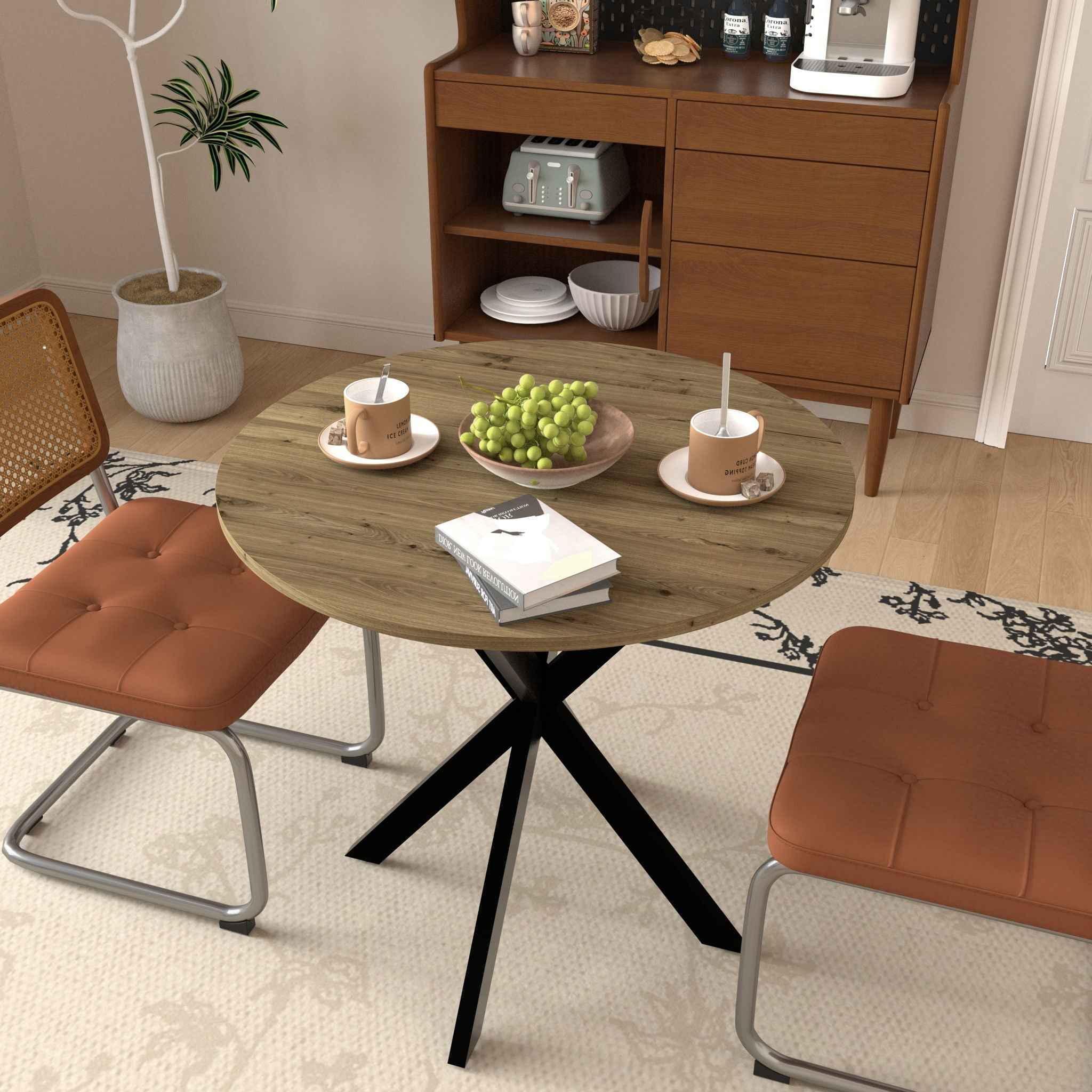 Round Dining Table For 2 - 4 People, Compact Kitchen Or Dining Room - Rustic Brown