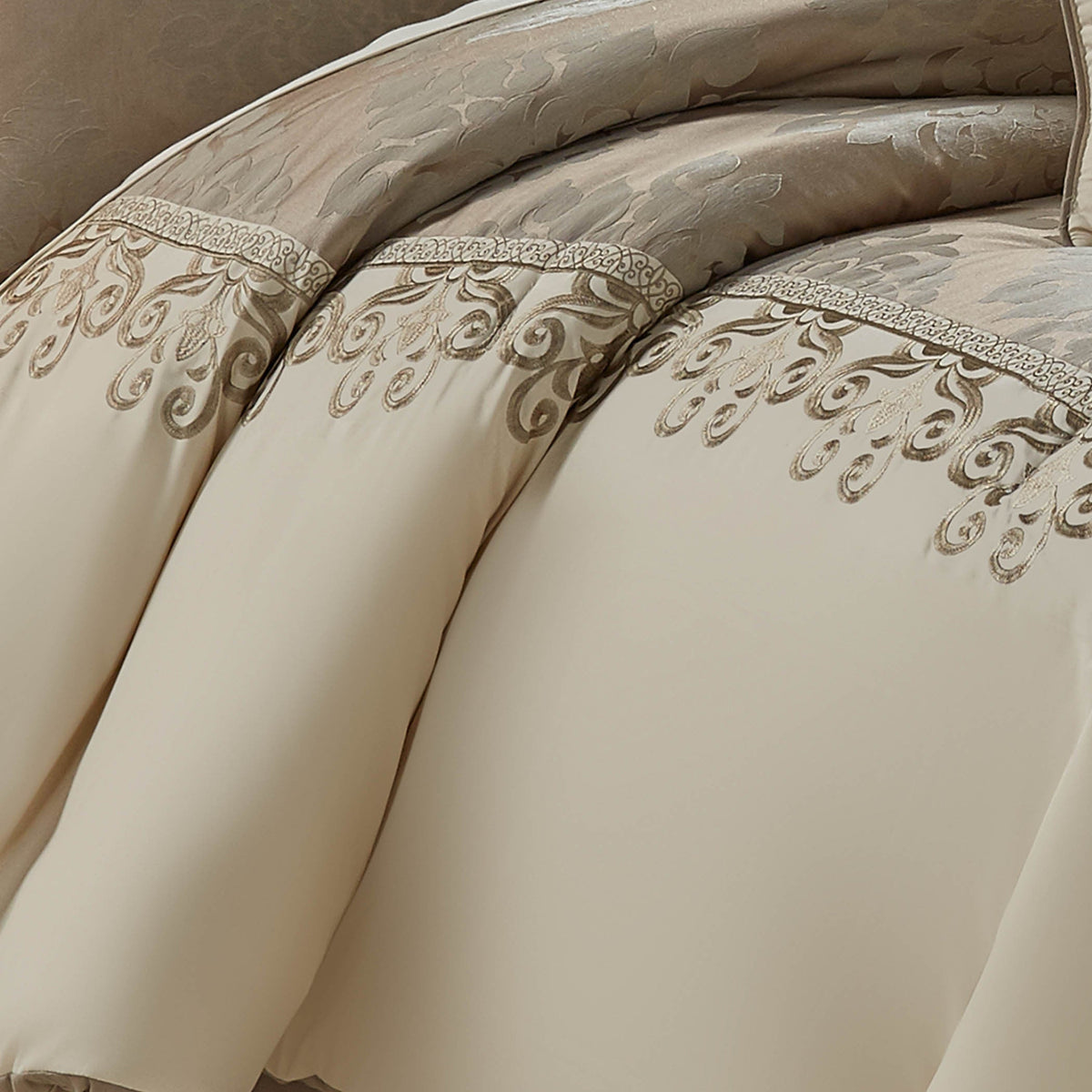 Ivory Damask Jacquard Comforter Ensemble with Embroidered Border - 9-Piece Set