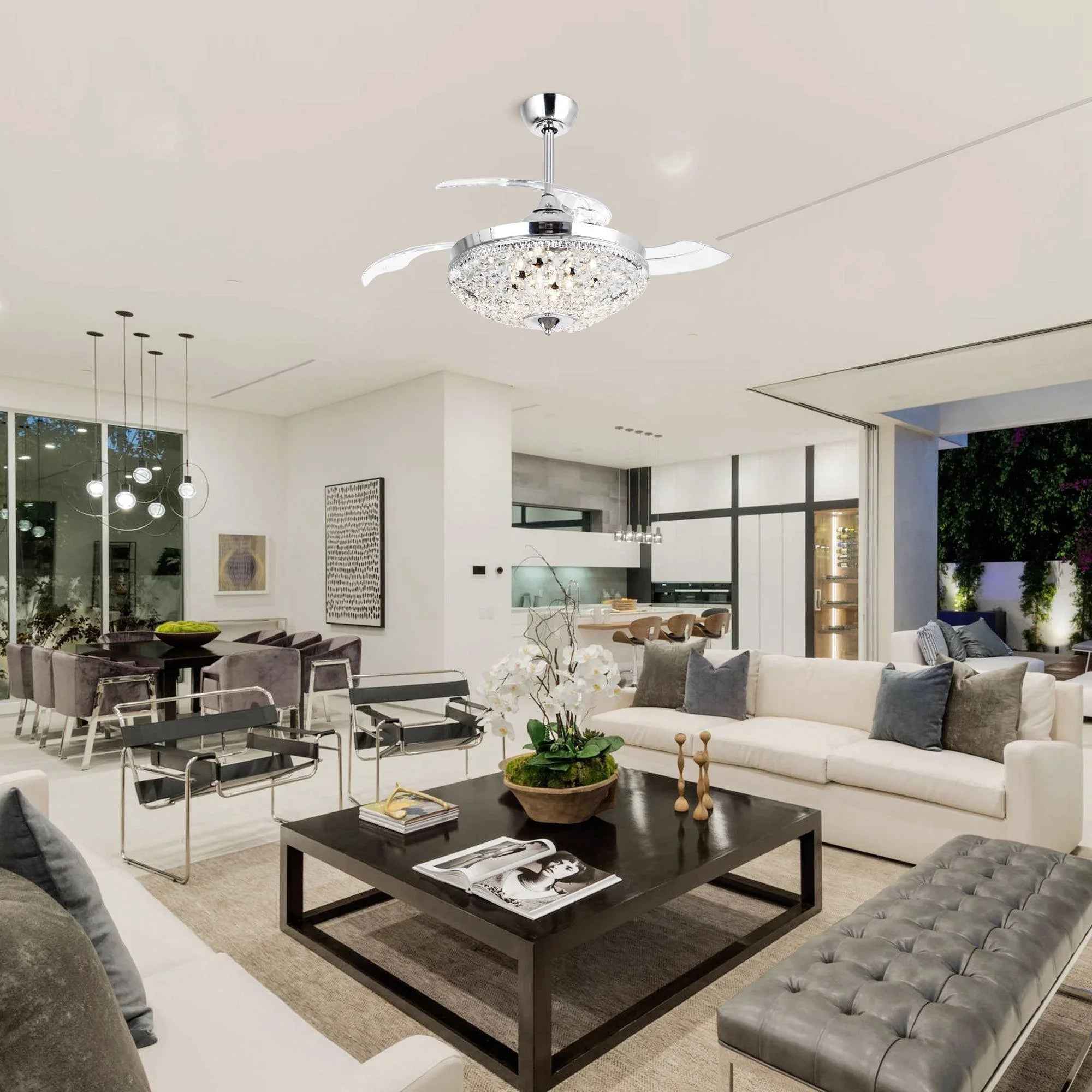 42" Servantes Modern Downrod Mount Crystal Ceiling Fan with Lighting and Remote Control