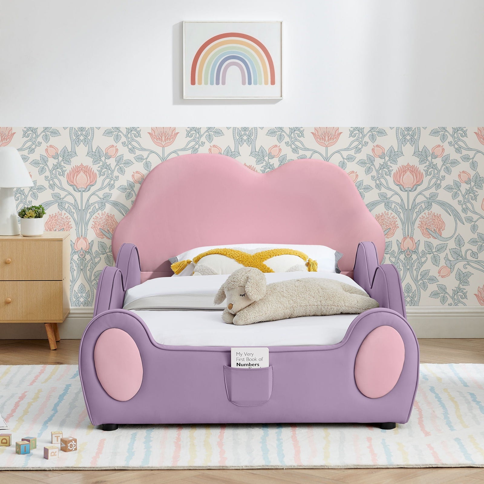 Cute Cloud Shape Bed With Guardrails Cartoon Design, Storage Pocket