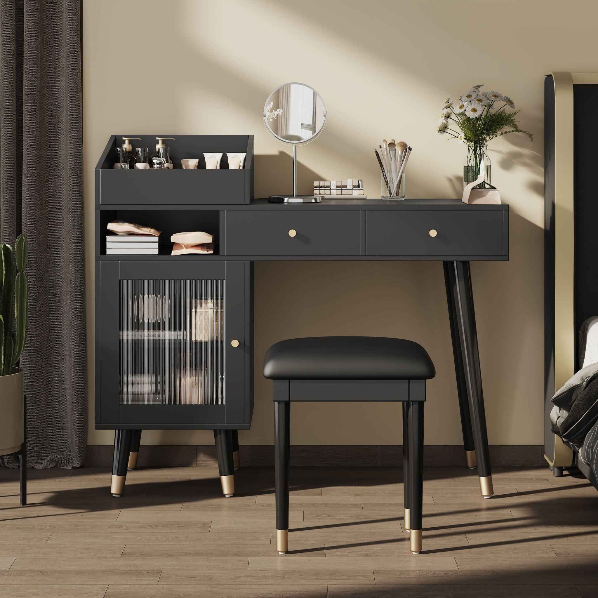 Modern Makeup Vanity Desk With Drawers Cabinet & Charging Port Engineered Wood Space Saving Design For Small Places - Black