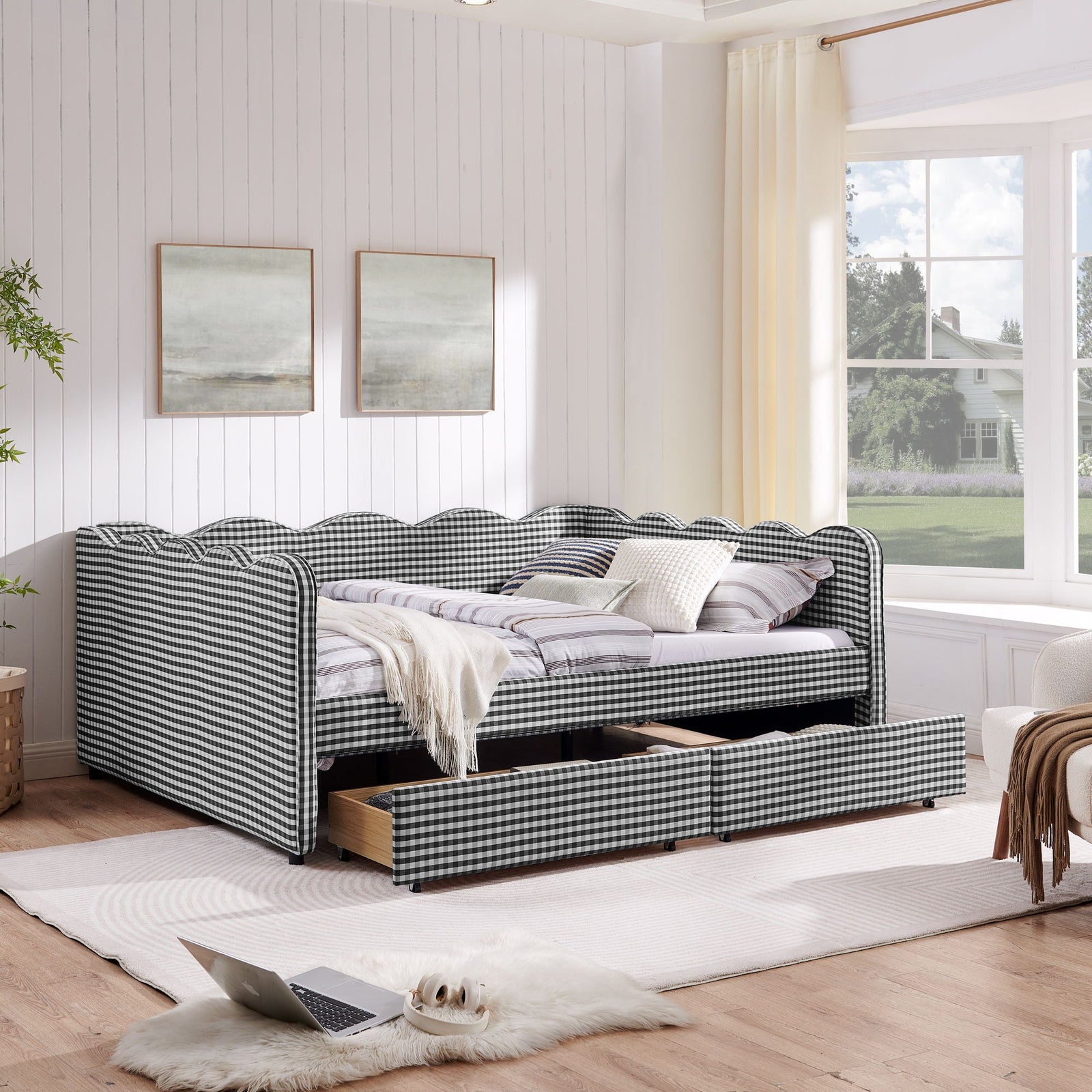 Gingham Daybed With USB Charging Port, Wave-Shaped Design