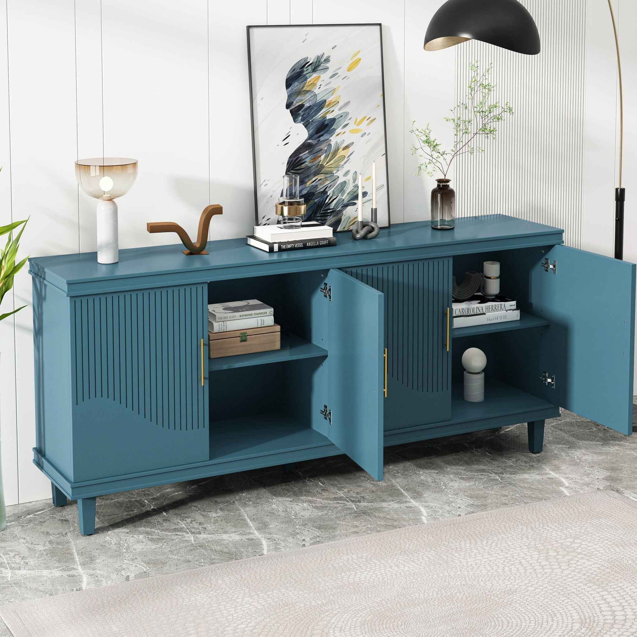 4 Door Cabinet, Large Storage For Living Room - Blue
