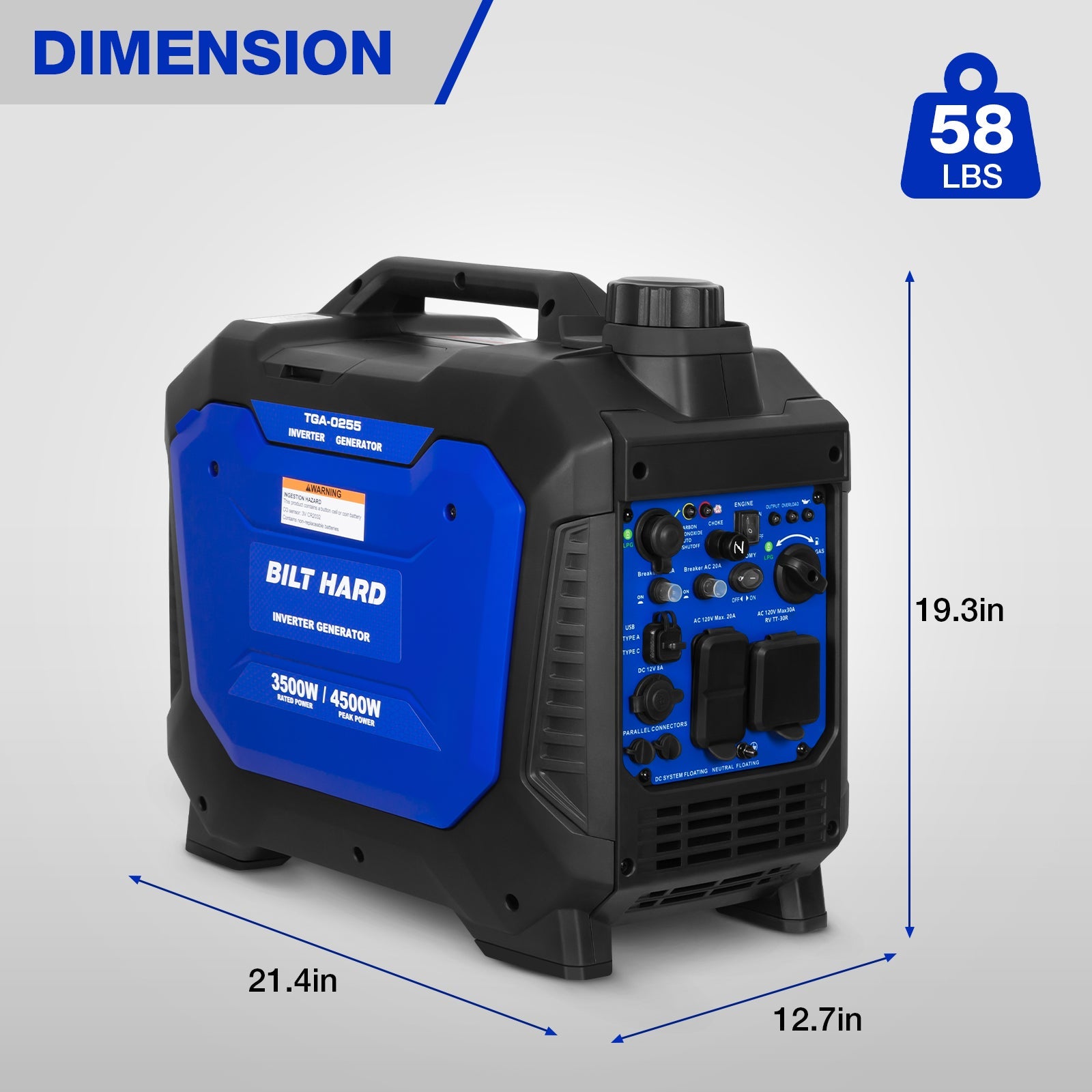 BILT HARD 4500W Dual Fuel Inverter Generator – Gas/Propane, Ducar® Engine, Quiet, CO Sensor, RV Ready, Portable Power for Home & Camping