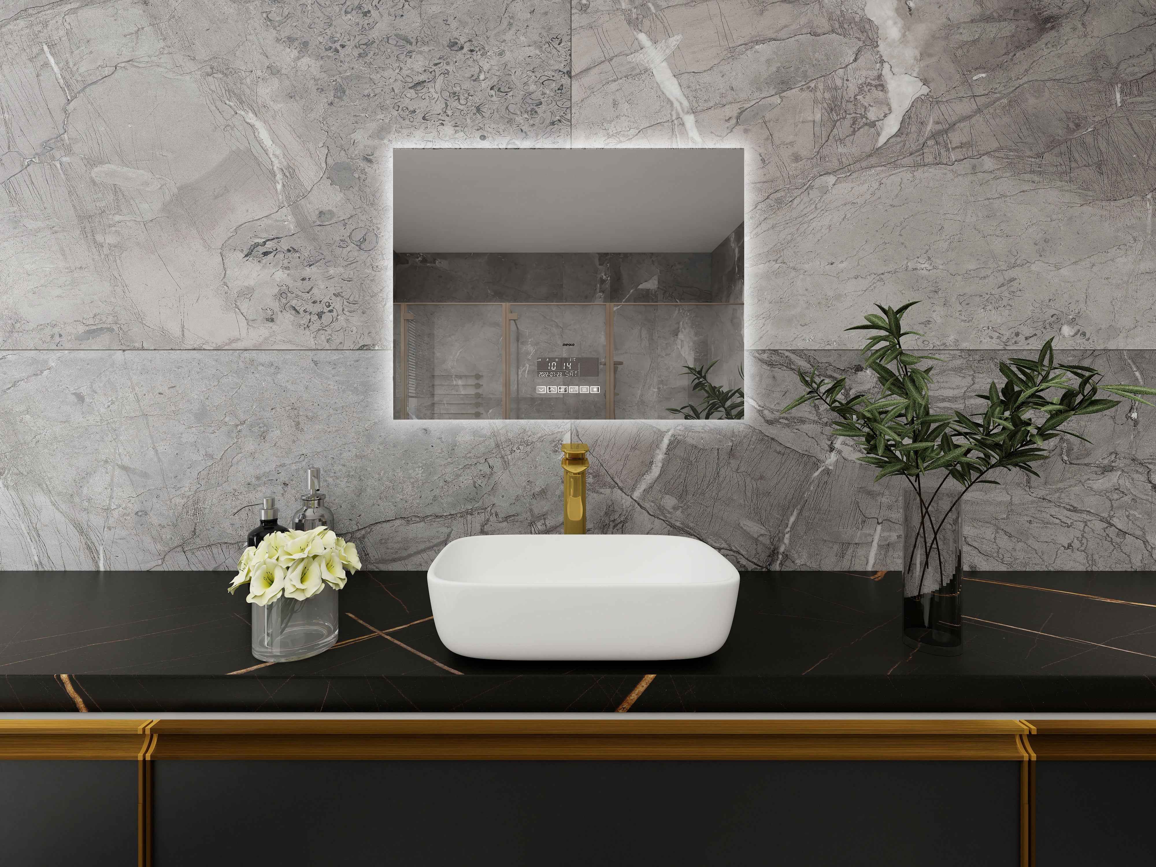 Smart Bluetooth Enabled Mirror: Featuring Temperature Display, Fog-Free Technology, LED Lighting, and Touch Sensor Makeup Functionality for an Elegant and Functional Wall Accent