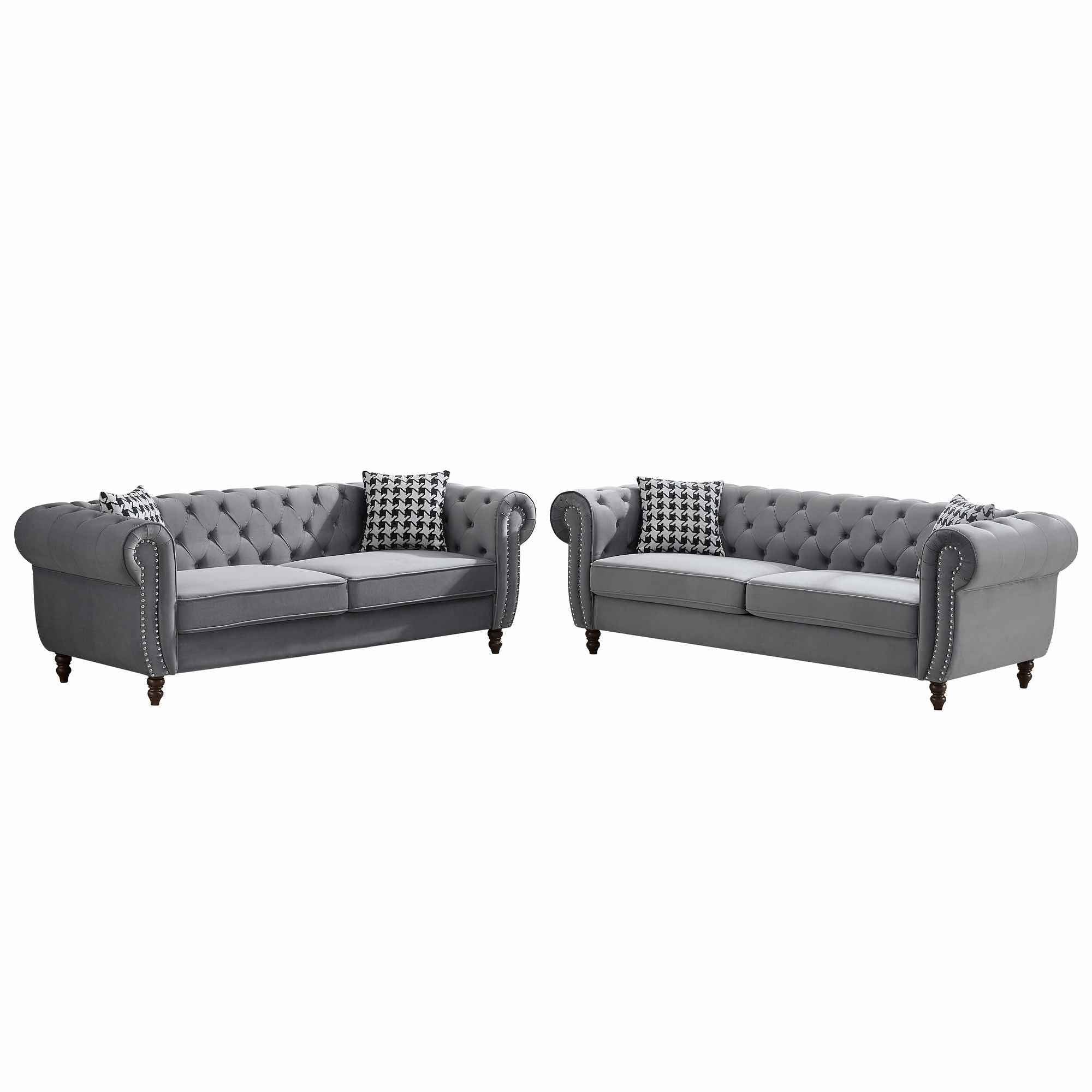 Chesterfield Upholstery Fabric Sofa With Roll Armrest & Nailhead, Mid Century Modern 3 And 3 Seater Couch