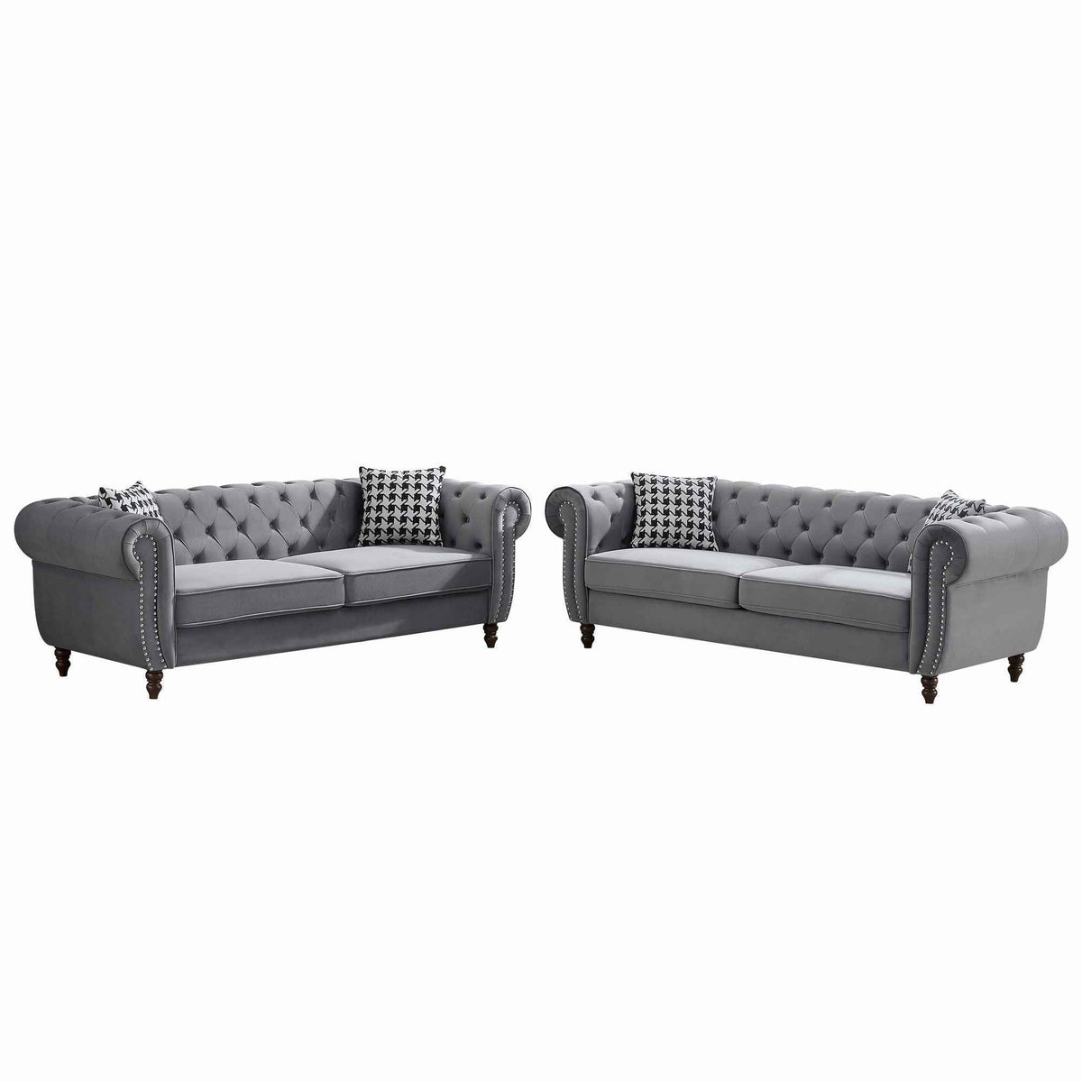 Chesterfield Upholstery Fabric Sofa With Roll Armrest & Nailhead, Mid Century Modern 3 And 3 Seater Couch