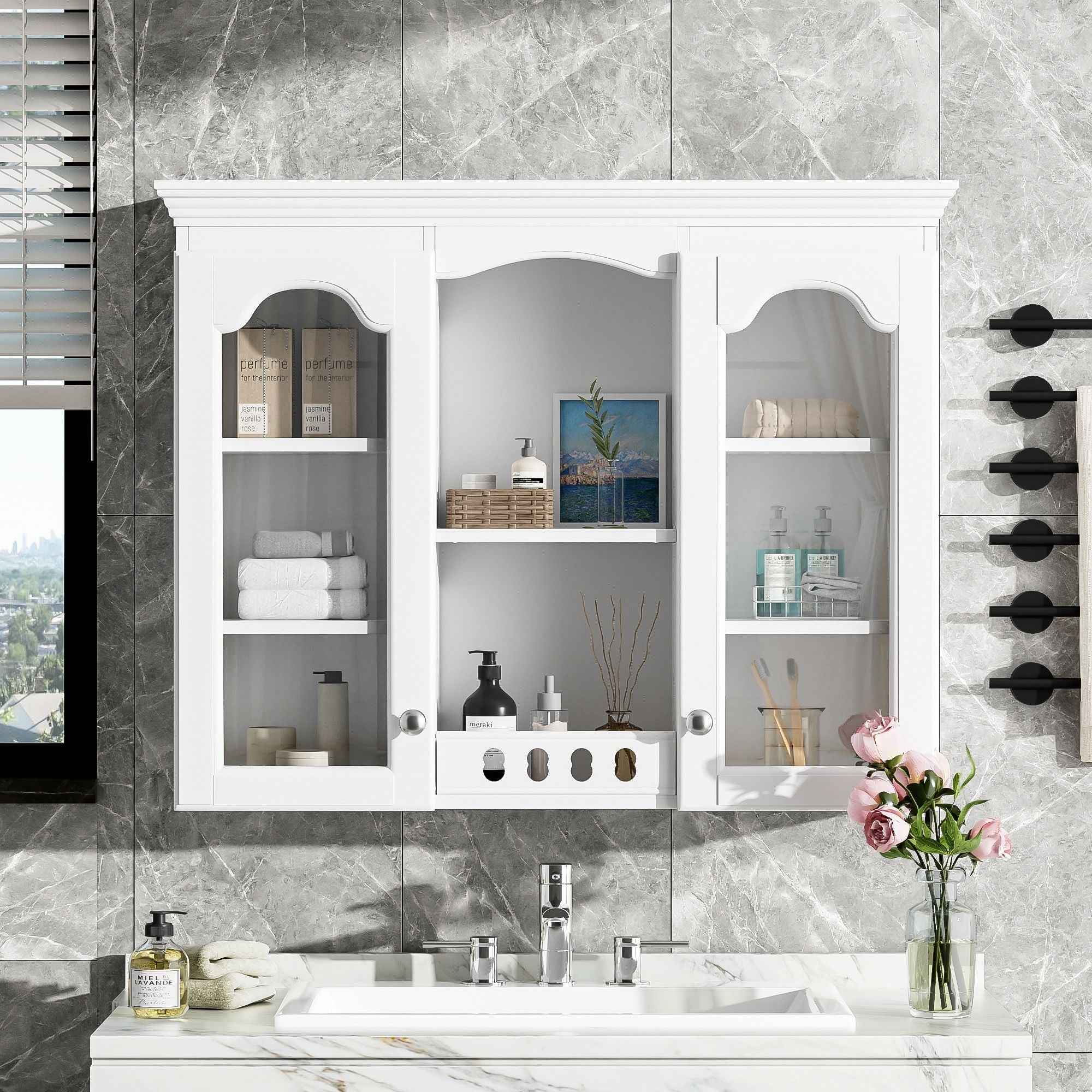 Wall-Mounted Medicine Cabinet With 2 Glass Doors, Adjustable Shelves - White
