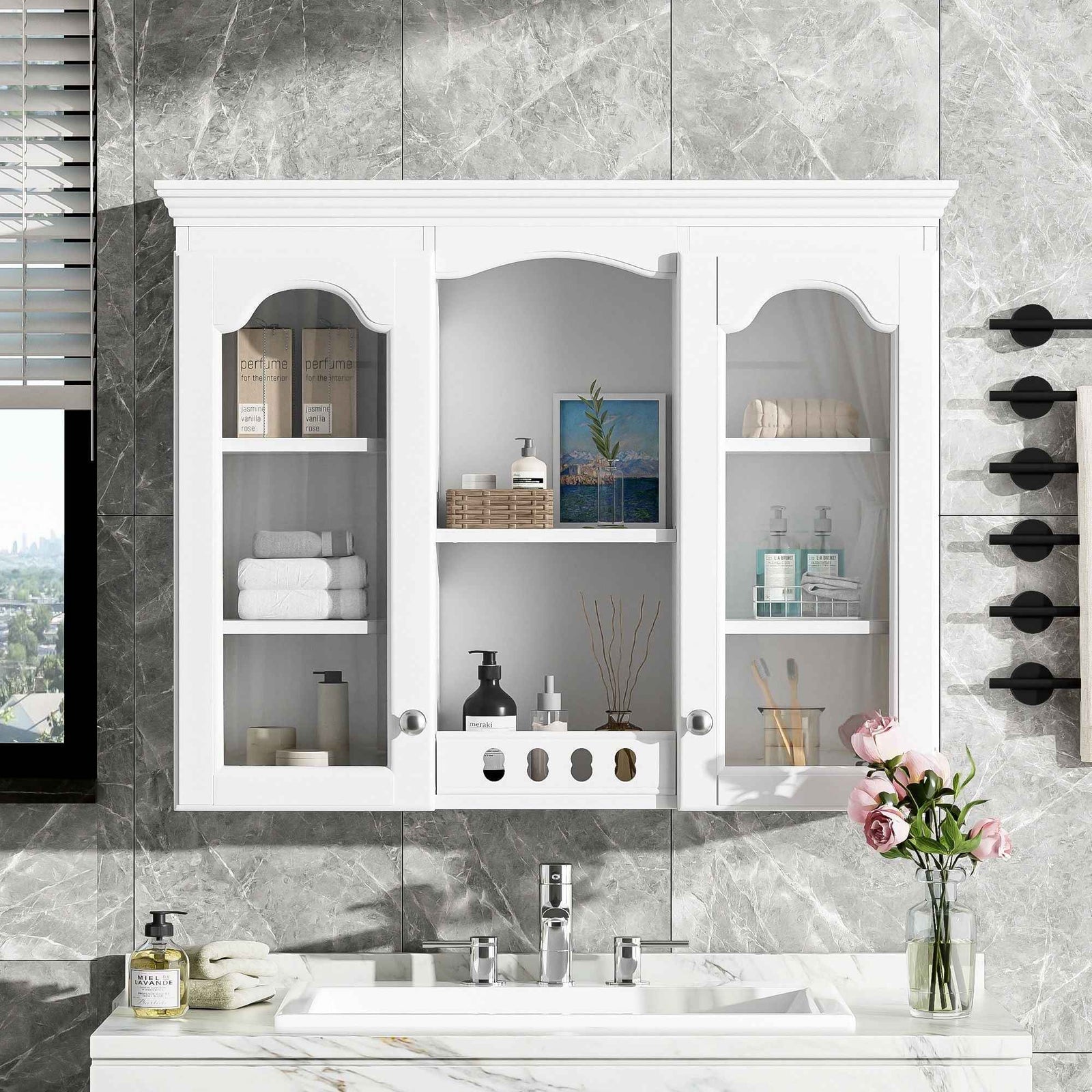 Wall-Mounted Medicine Cabinet With 2 Glass Doors, Adjustable Shelves - White