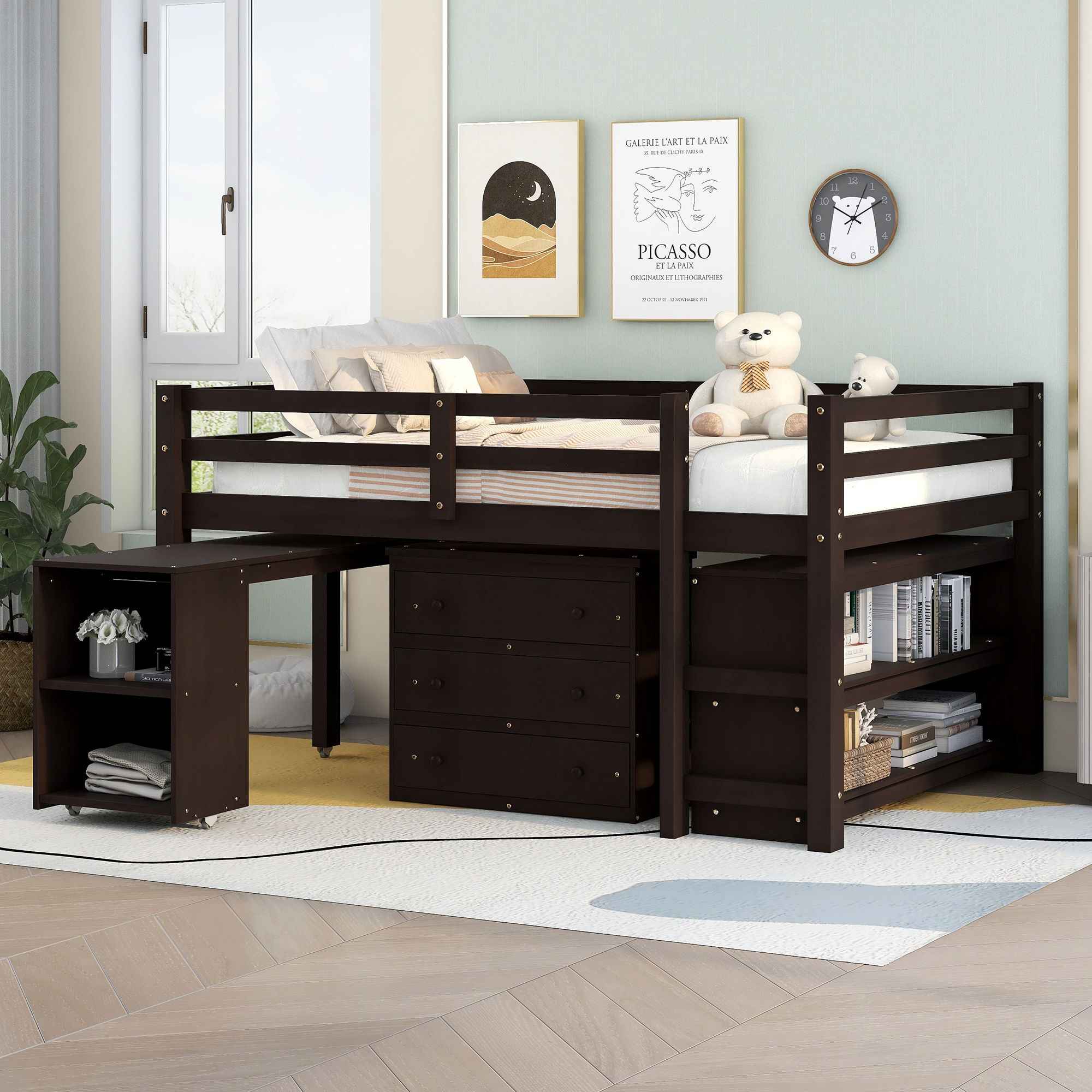 Loft Low Study Bed With Cabinet, Shelves And Rolling Portable Desk, Multiple Functions