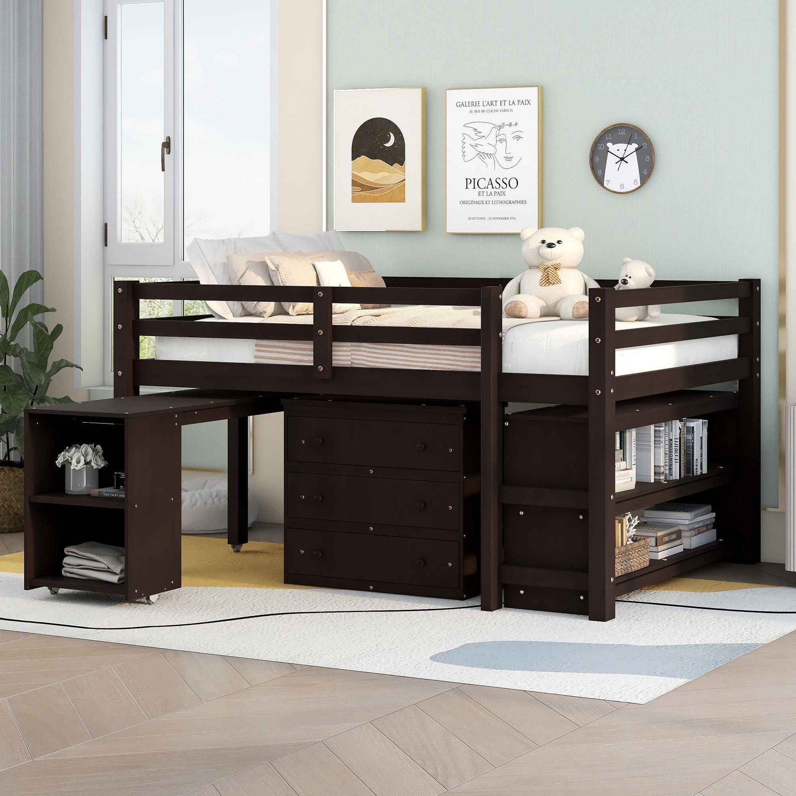 Loft Low Study Bed With Cabinet, Shelves And Rolling Portable Desk, Multiple Functions