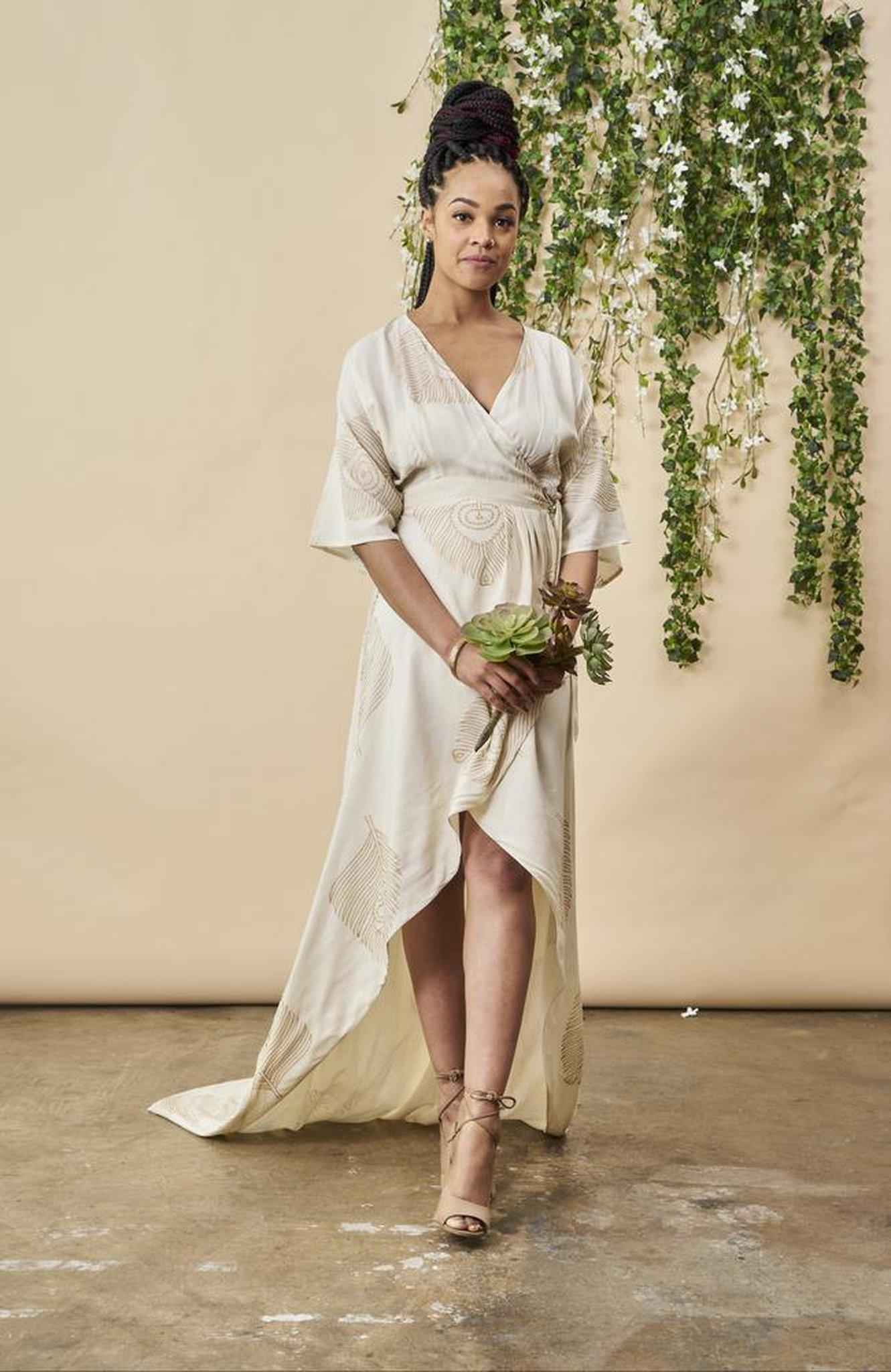 Peacock Feather Maxi Wrap Dress W/ Train in Cream + Gold