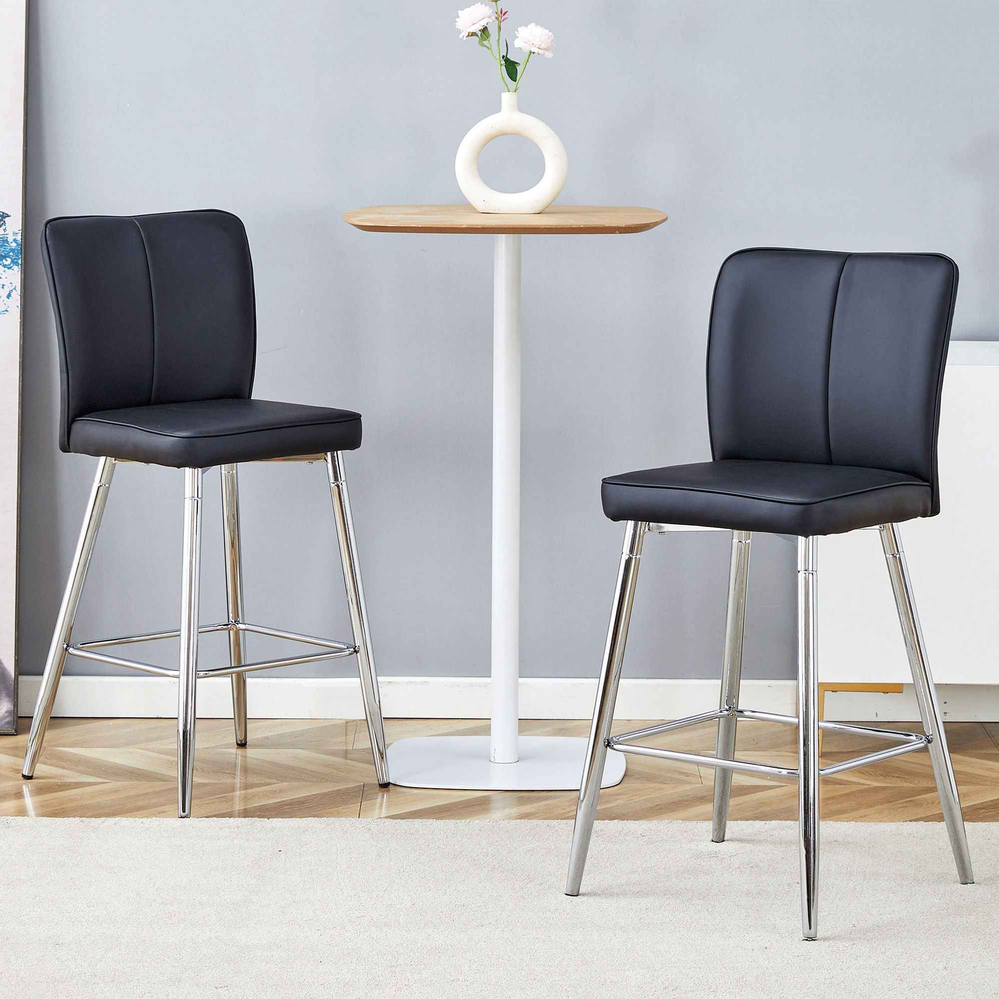 Modern Bar Chair Set Streamlined Backrest Metal Legs 2 Pieces - Black / Silver