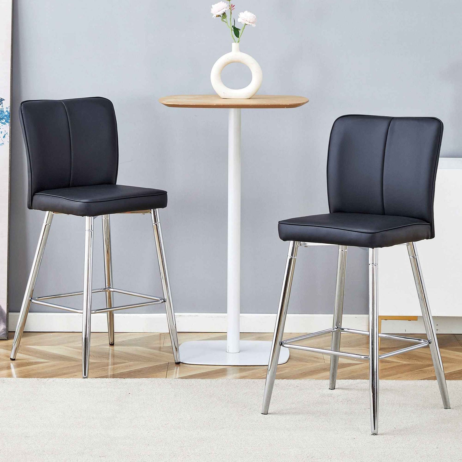 Modern Bar Chair Set Streamlined Backrest Metal Legs 2 Pieces - Black / Silver