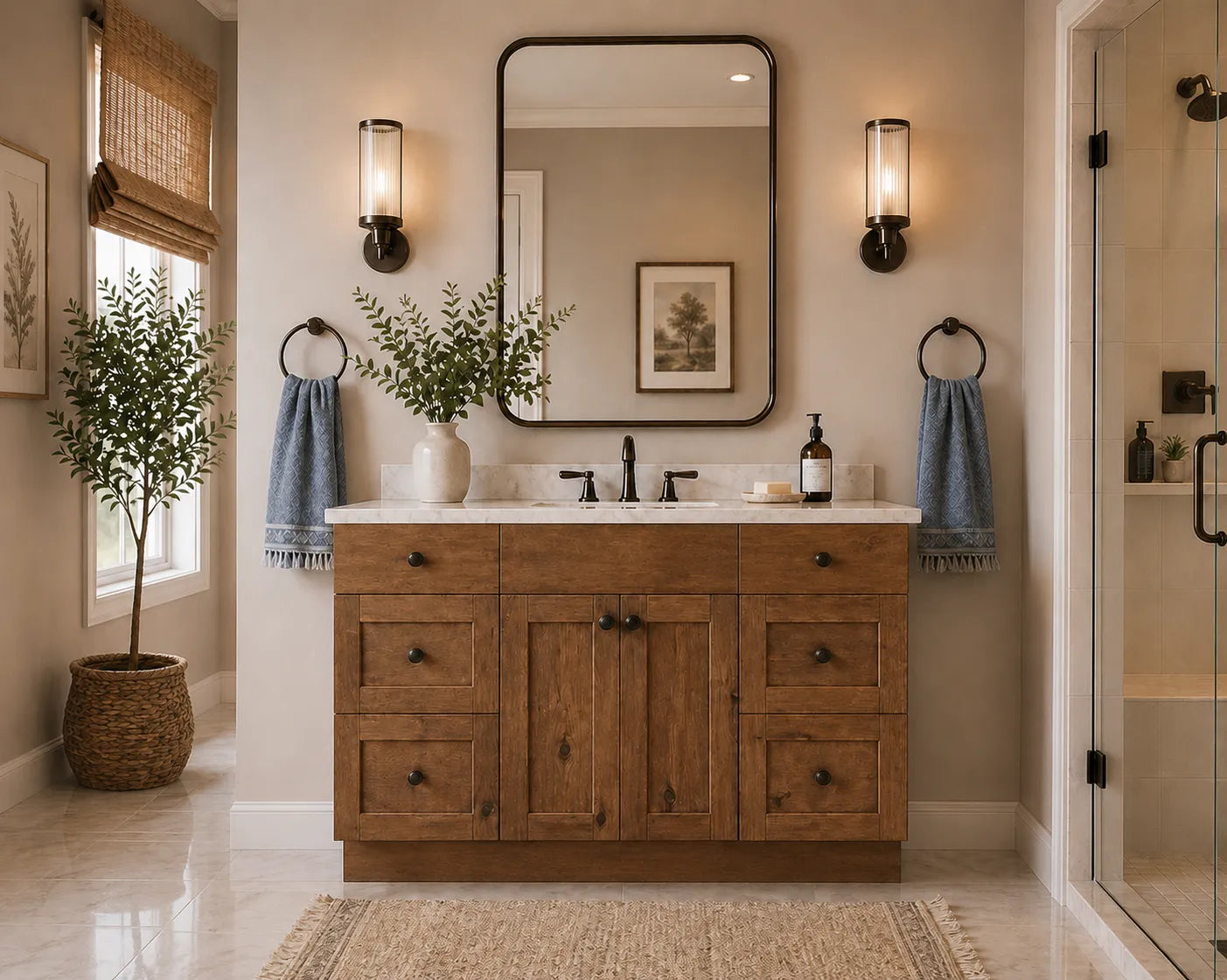 48 Inch Rustic Shaker Slab Front Vanity Sink Base w/ Drawers
