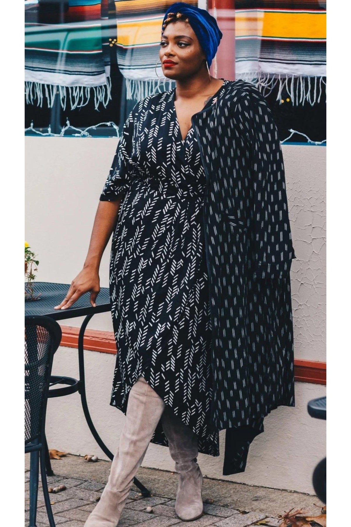Stylized Feather Wrap Dress in Black + Cream