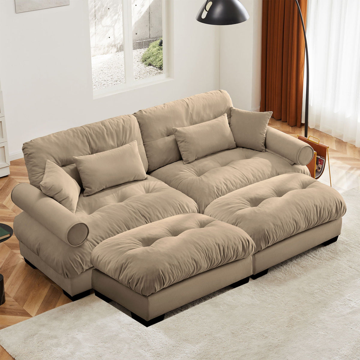 Modern Sectional Sofa With Ottoman, Round Bolster Armrests, Waist And Throw Pillows