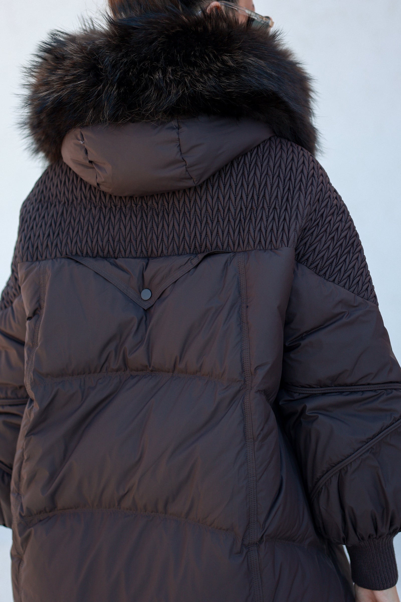 Dakota Genuine Fur Trim Down Fill Coat in Chocolate