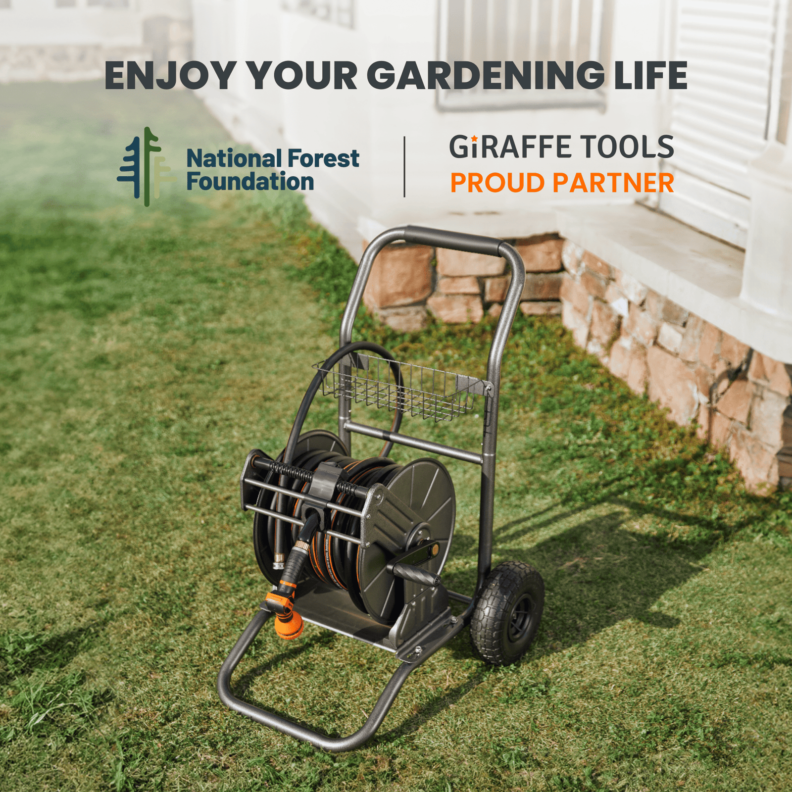 Garden Hose Reel Cart-2 Wheels-Stainless Steel-Heavy Duty