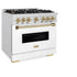 ZLINE 36" Dual Fuel Range, Gas Cooktop, Electric Convection Oven DuraSnow® Stainless Steel, White Matte Door Champagne Bronze CDRSZ-WM-36-CB