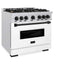 ZLINE 36" Dual Fuel Range, Gas Cooktop, Electric Convection Oven DuraSnow® Stainless Steel, White Matte Door Matte Black CDRSZ-WM-36-MB