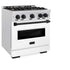 ZLINE 30" Dual Fuel Range, Gas Cooktop, Electric Convection Oven DuraSnow® Stainless Steel, White Matte Door, Matte Black CDRSZ-WM-30-MB